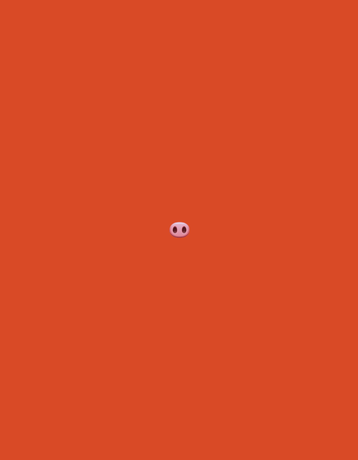 The image is a minimalist, digitally rendered graphic with a solid orange background. In the center of the frame, a small, pink pig nose emoji is visible. The emoji is depicted as two oval nostrils within a rounded shape. There are no other objects, people, or discernible environmental details present in the image. The location is not specified and is considered Unknown.