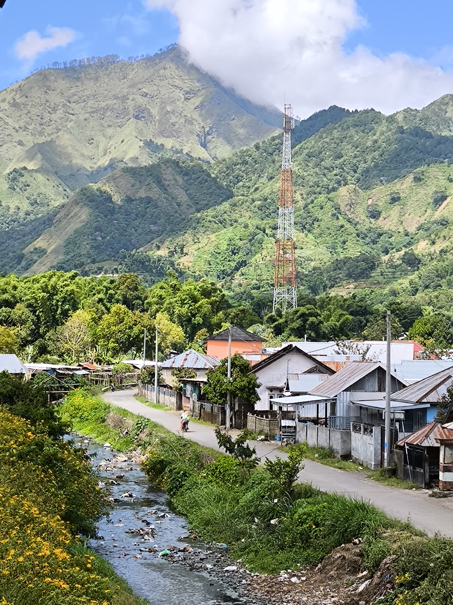 The image shows a view in Sembalun Bumbung, Indonesia, featuring a foreground stream choked with trash alongside a road running through a small village. Houses with corrugated metal roofs line the street. A person is riding a motorcycle on the road. In the background, a large, forested mountain with a tall communications tower rises, its peak partially obscured by clouds. The sky is blue with scattered clouds. Yellow wildflowers grow along the banks of the stream.