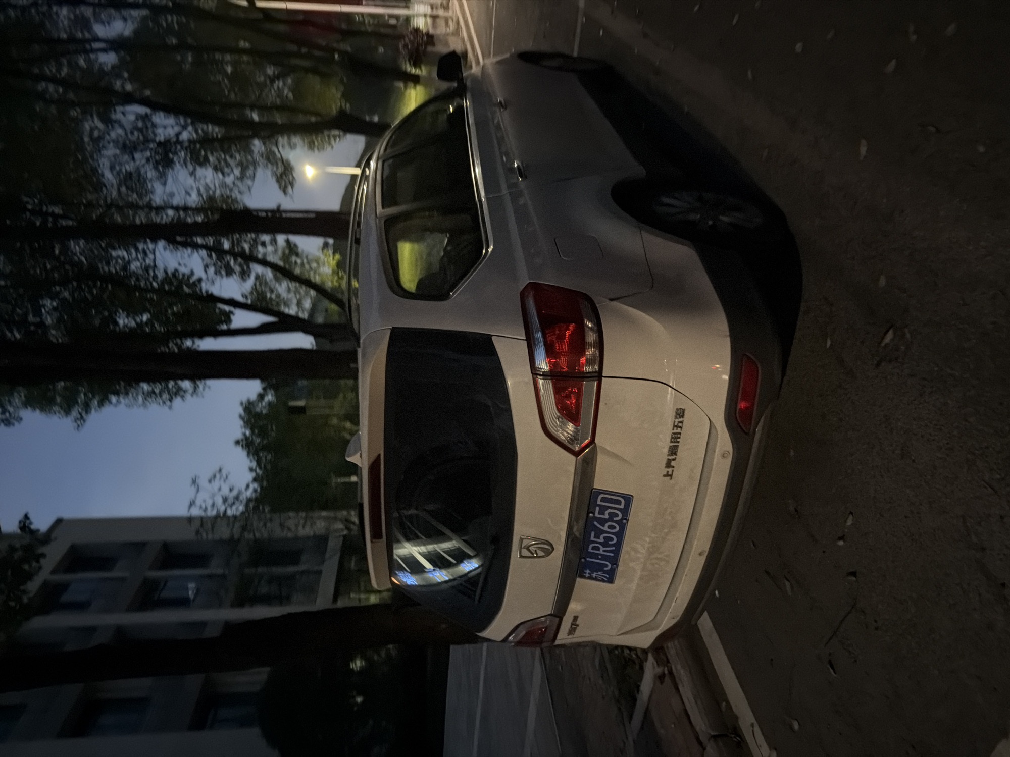 A white minivan is parked on a street in the city of Jiangjin, China. The minivan is white and has a license plate that reads "苏JR565D". The vehicle is parked on the right side of the street, facing away from the camera. The street is lined with trees and a building can be seen in the background. The sky is dark, suggesting that it is either early morning or late evening. The lighting in the image is dim, with a street light visible in the background. The scene appears to be a typical urban environment.