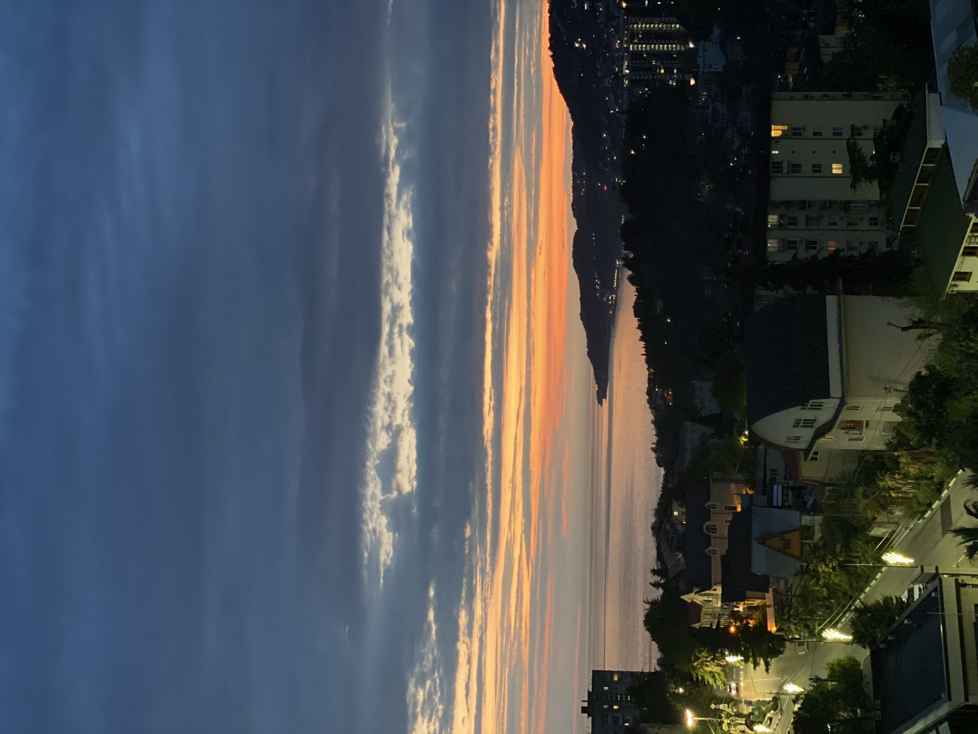 This is a nighttime, landscape-oriented photograph taken from a high vantage point, possibly from a balcony or high-rise building, in Sochi, Russia.
The left side of the image depicts the sky. The sky is predominantly dark blue. Light-colored, elongated clouds stretch vertically across the frame. The central part of the image shows a sunset over the water, with gradients of orange and yellow light. This light reflects off the water’s surface.
The right side of the image shows a cityscape on a hillside. Residential buildings with illuminated windows can be seen. The lights from street lamps illuminate the streets. Trees and other vegetation are interspersed among the buildings.