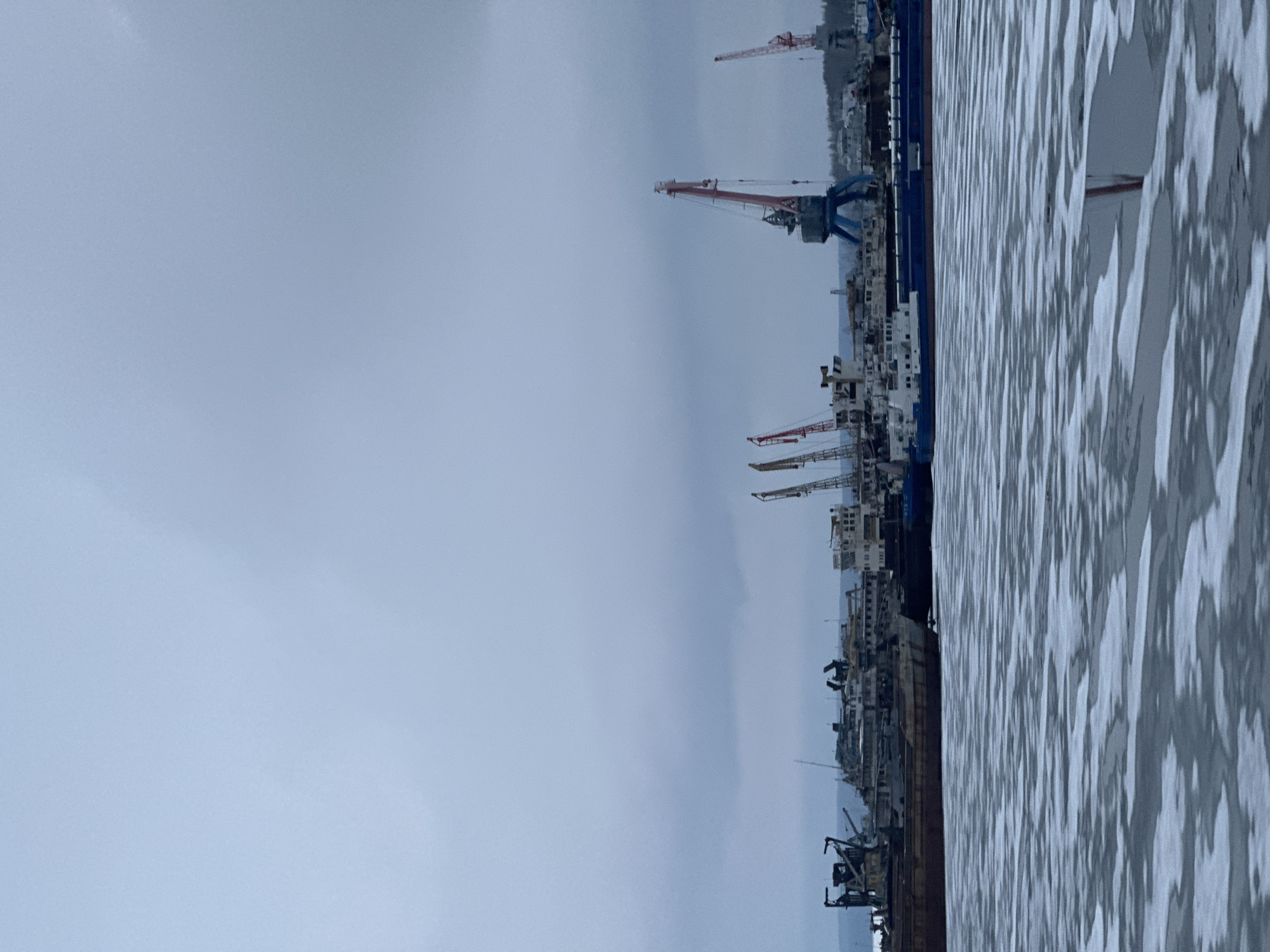 The image depicts a port scene in the city of Chaikovsky, Russia, on an overcast day. Several cargo ships are docked along a pier, with numerous cranes visible, suggesting loading/unloading activities. The water appears to be partially frozen, with patterns of ice floes visible. The environment is industrial, reflecting the port's function. The sky is uniformly gray, indicating a lack of direct sunlight. No people are visible in the image.