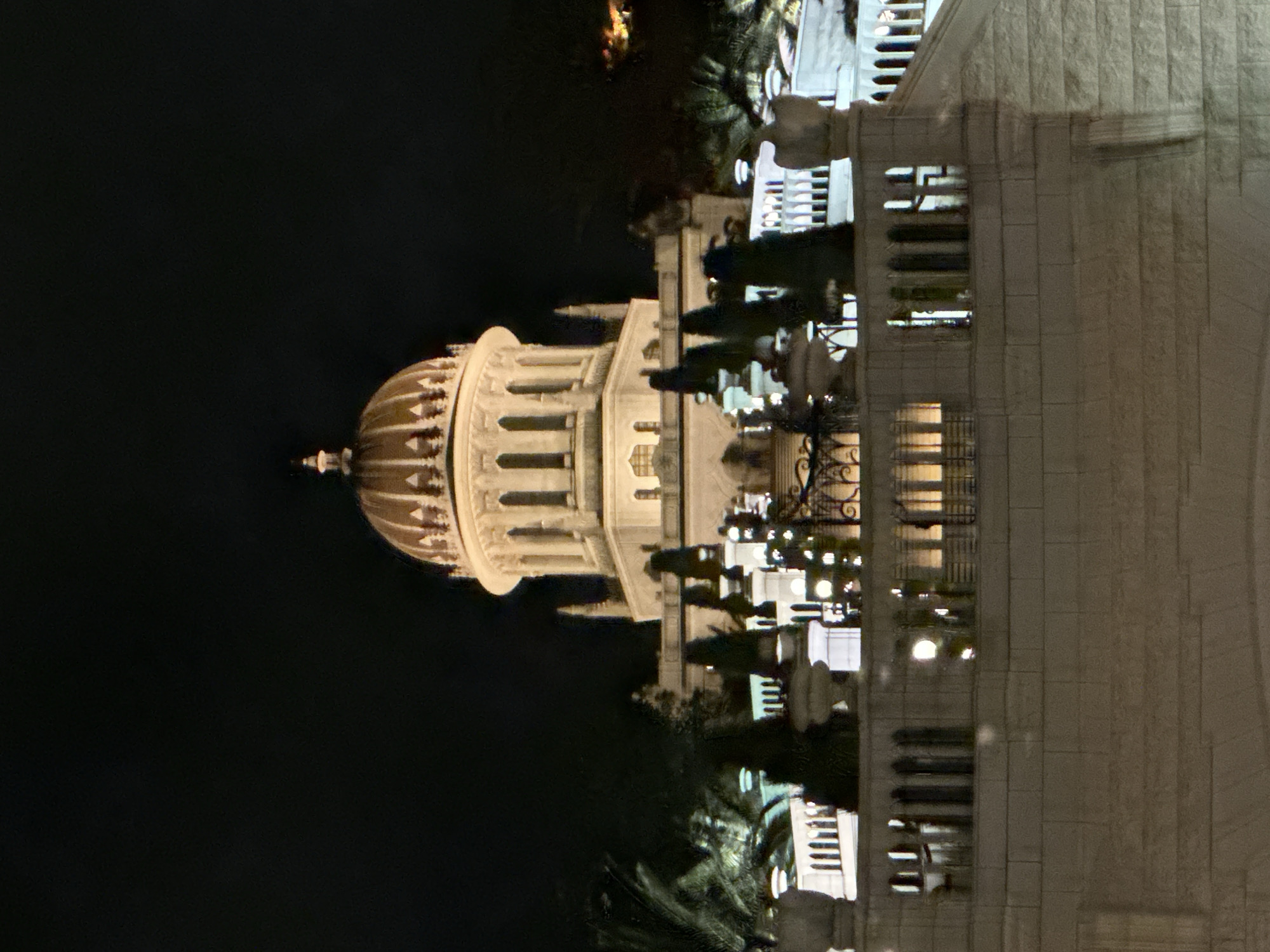 The image shows the illuminated facade of the Baháʼí World Centre in Haifa, Israel, at night. The prominent feature is the golden-domed Shrine of the Báb, a large, multi-tiered white structure with arched windows, set against a dark night sky. In the foreground, there are terraces with white balustrades and urns. Trees, including palm trees, are visible to the left, with artificial lights illuminating the architecture and surrounding gardens. The overall impression is one of grandeur and solemnity.