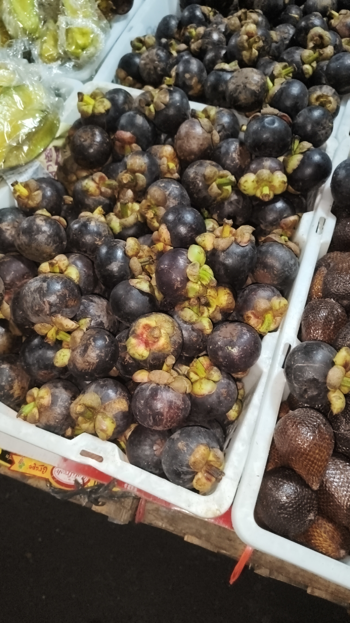 The image shows a market stall in South Jakarta, Indonesia, featuring an assortment of tropical fruits. In the foreground, a white plastic crate is filled with a large quantity of mangosteens, characterized by their dark purple rinds and leafy green calyxes. To the right, another white crate contains snake fruits (salak), identifiable by their reddish-brown, scaly skin. In the background, a partially visible crate holds yellow-green fruits, possibly star fruits, wrapped in plastic. The fruits are arranged in a typical market display, suggesting a commercial setting. The overall lighting and composition indicate the photograph was taken during the day, likely in an open-air market or a covered fruit stall.