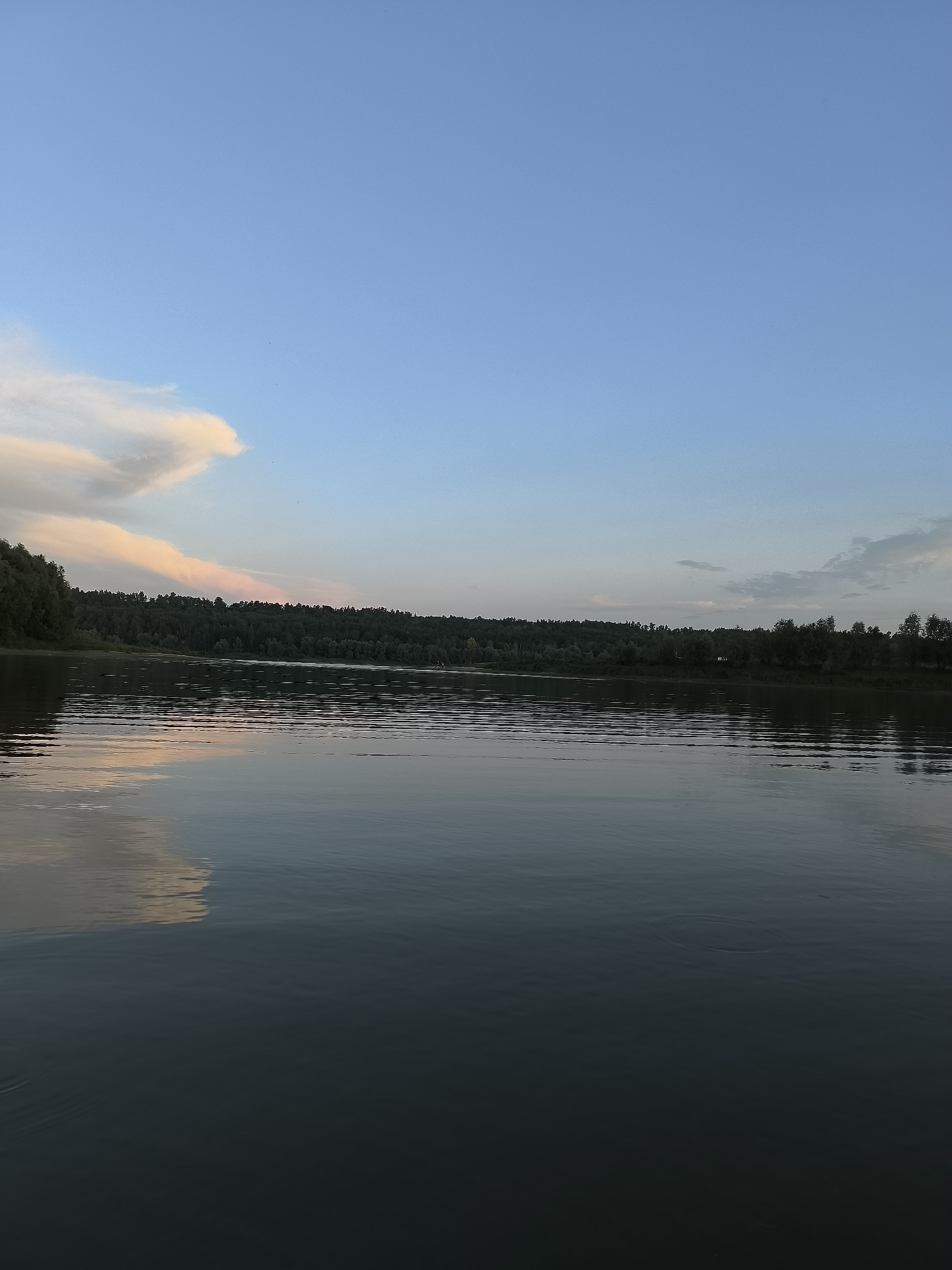 A wide, calm river stretches across the frame, reflecting the soft hues of the sky. The sky is a gradient of pale blue, transitioning to a lighter tone near the horizon. On the left side of the sky, a large, wispy cloud glows with a warm, peachy light, suggesting either sunrise or sunset. The opposite bank of the river is densely lined with a dark green forest, its silhouette creating a natural boundary between the water and the sky. The water itself is dark and still, with subtle ripples creating a textured surface that mirrors the colors of the sky and the distant trees. The overall impression is one of tranquility and natural beauty, with the gentle light and calm water creating a serene atmosphere.