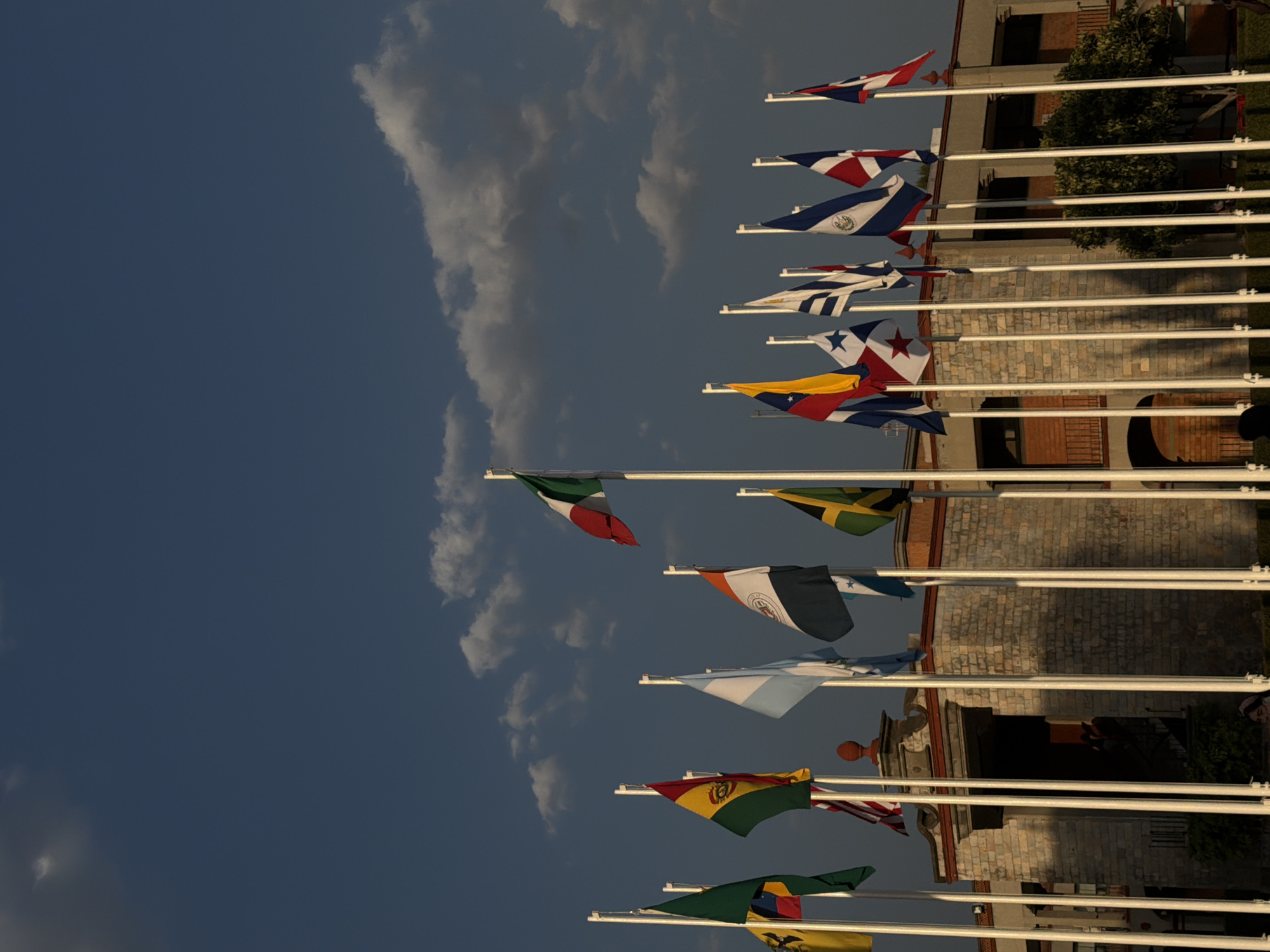 The image displays an outdoor scene in San Andrés Cholula, Mexico, characterized by numerous international flags on flagpoles in front of a stone building. A prominent array of approximately twenty white flagpoles are arranged in rows, holding unfurled flags from various nations. Clearly visible flags include those of Mexico (central and highest), Bolivia, Argentina, India, Jamaica, Guatemala, El Salvador, Dominican Republic, Panama, Uruguay, Honduras, Peru, Costa Rica, and Chile. The flags are in motion, suggesting wind.
In the background stands a two-story building constructed of light-colored, possibly cantera, stone or brick. The building exhibits colonial or neoclassical architectural elements, featuring a central arched entryway with a dark interior and a decorative pediment-like structure with a reddish finial above it. The facade is illuminated by a warm, low-angle light from the left, casting shadows from the flagpoles across the building and highlighting its texture. Dark-colored railings are visible on what appear to be balconies or upper-story windows. Green foliage, comprising shrubs and a small tree, is present at the base and sides of the building.
A single individual, largely obscured by flagpoles, is partially visible in the lower-center foreground, presenting dark hair and a light-colored top. Indistinct, shadowed figures are faintly discernible within the building's entryway. The sky, occupying the upper half of the frame, is a deep blue with scattered white and grey cumulus clouds. The overall lighting suggests late afternoon or early evening conditions.