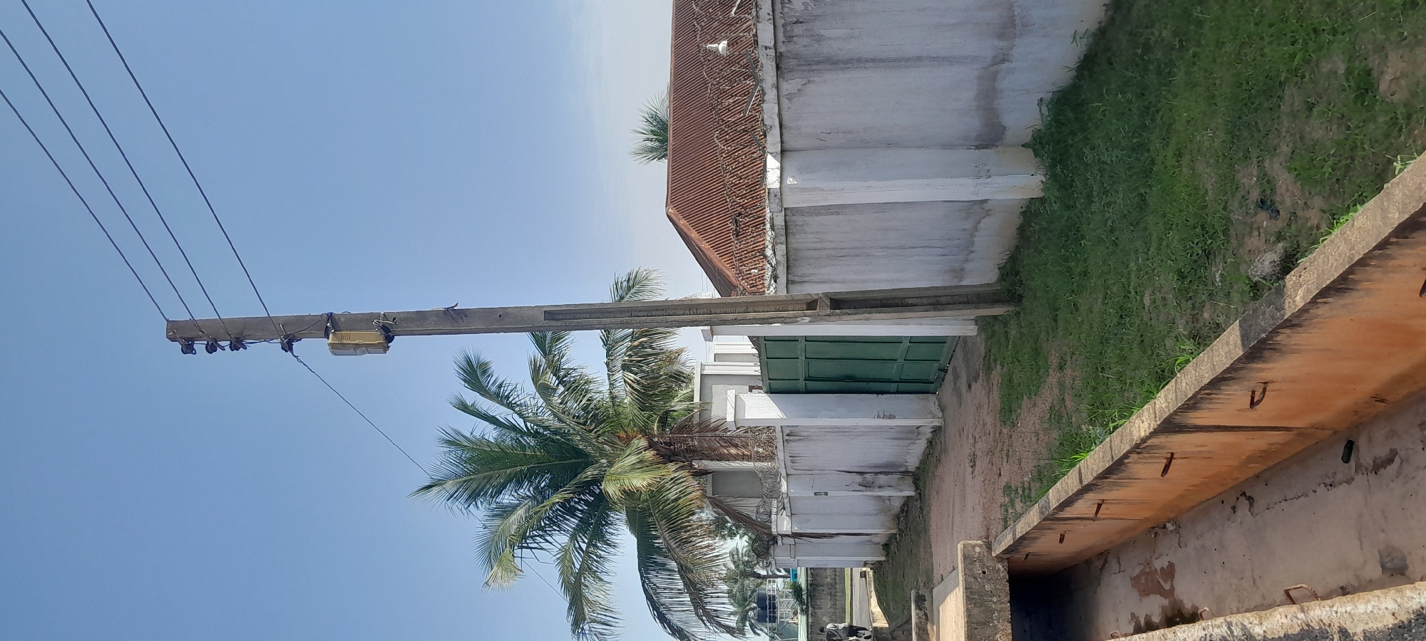 The image depicts an outdoor scene along a street in Jalingo, Nigeria, featuring a concrete drainage channel in the foreground. Beyond the channel, a white concrete wall runs along the perimeter of a property, punctuated by a tall, green metal gate. A mature palm tree with lush green fronds stands prominently to the left of the gate. A concrete utility pole, supporting electrical wires and a small grey and yellow electrical box, is situated in front of the wall. The background includes a building with a corrugated metal roof, barbed wire along the top of the wall, and a clear blue sky. A small section of grass is visible between the wall and the drainage channel. A single individual, appearing to walk away from the camera, is visible on the street to the far left.