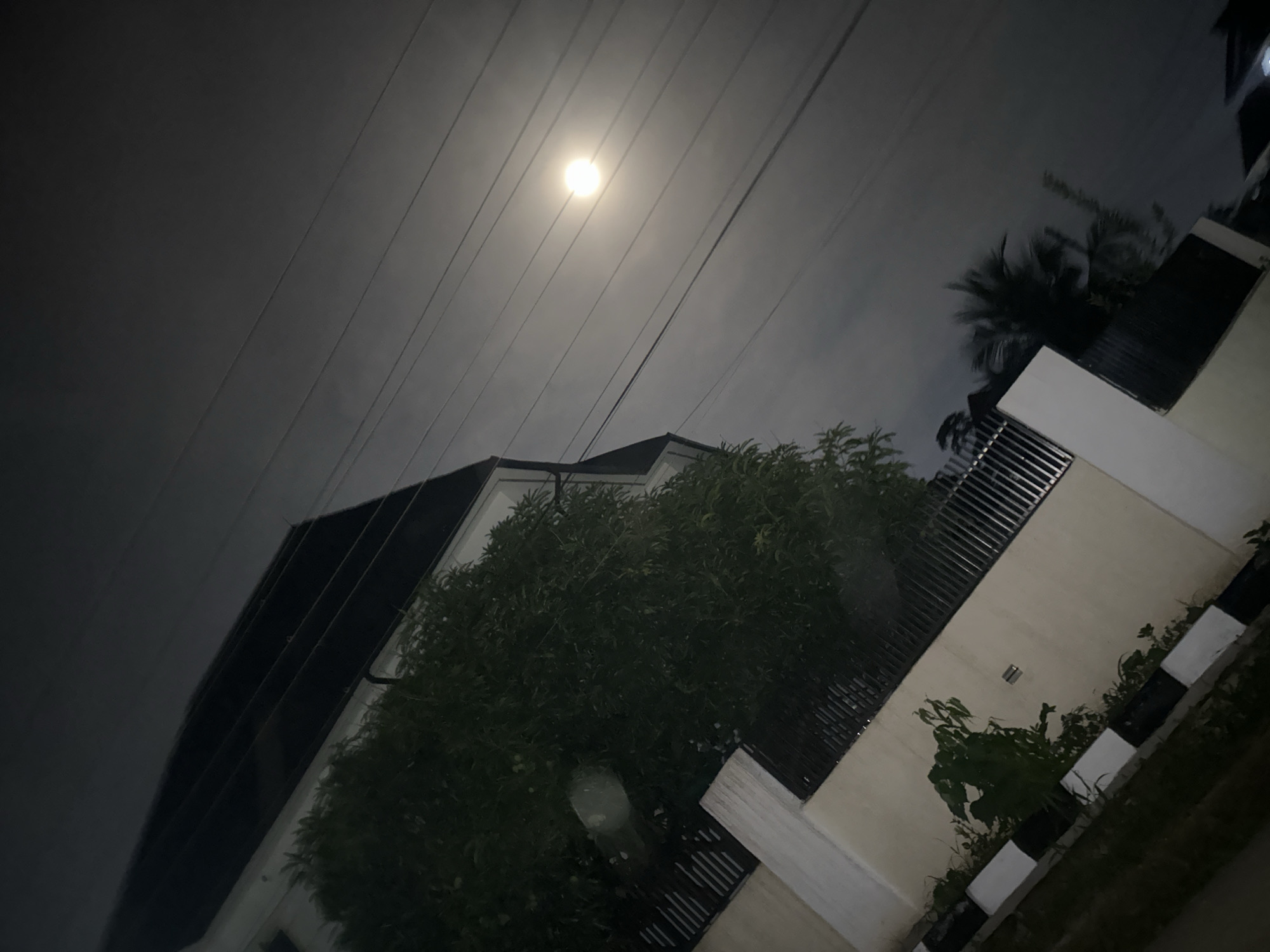 The image captures a night scene from a slightly elevated perspective, featuring a modern building with dark windows and a dark roof. A large, dense green tree with lush foliage dominates the left side of the frame, obscuring a portion of the building. In front of the building, a low wall with white and black stripes runs along the bottom, with some vegetation growing at its base. Beyond the wall, a black metal fence is visible. The sky is dark and overcast, with a bright, luminous full moon positioned in the upper right quadrant, partially obscured by a network of power lines that crisscross the sky. The overall impression is a dimly lit, atmospheric urban setting at night, likely in a residential or commercial area of Abuja, Nigeria.