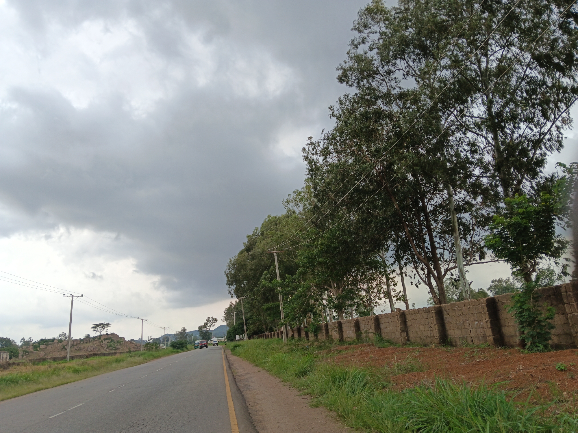 An outdoor, wide-angle shot shows a paved road running diagonally through the frame from the lower left to the upper right. The road is bordered by a grassy shoulder, a low, tan brick wall, and a line of tall trees. The sky is overcast with heavy gray clouds. In the distance, there are a few vehicles on the road, including a red truck, a white van, and a car. There are also utility poles with wires running along the side of the road. The terrain beyond the wall is rocky and covered with sparse vegetation, with a few scattered trees.