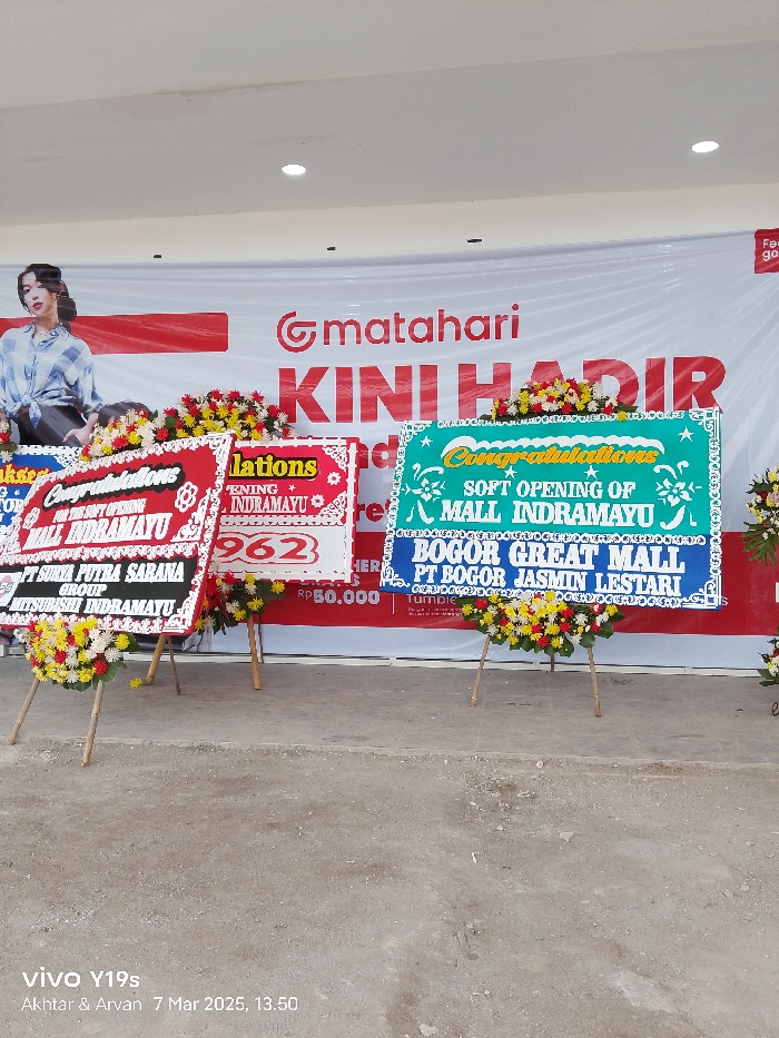 The image shows three floral wreaths placed in front of a large red banner with the words "Matahari Kini Hadir" on it. The wreaths are placed on wooden easels and are all facing forward. The wreaths are decorated with flowers, including lilies, roses, and carnations. The wreaths are all placed in front of the banner and are all in focus. The three signs are decorated with ornate, floral, and colorful borders. The sign on the left says "Congratulations on the Soft Opening of Mall Indramayu - PT Sunda Putra Sarana Group Mitsubishi Indramayu." The middle sign is a white sign with red lettering that says "Congratulations Opening Indramayu 962. Rp. 50,000" The sign on the right says "Congratulations Soft Opening of Mall Indramayu - Bogor Great Mall PT Bogor Jasmin Lestari - Tumpi." The background is a concrete floor. The image was taken in front of a new Matahari department store in Indramayu, Indonesia. The coordinates of the location are -6.343 latitude and 108.336 longitude. The image was taken on March 7, 2023, at 1:50 PM. The image was captured with a VIVO Y19s smartphone. The image appears to be a photo taken at the grand opening of a new department store. The banners suggest that this is a new department store opening in Indramayu, Indonesia. The photo captures the celebratory atmosphere surrounding the event.