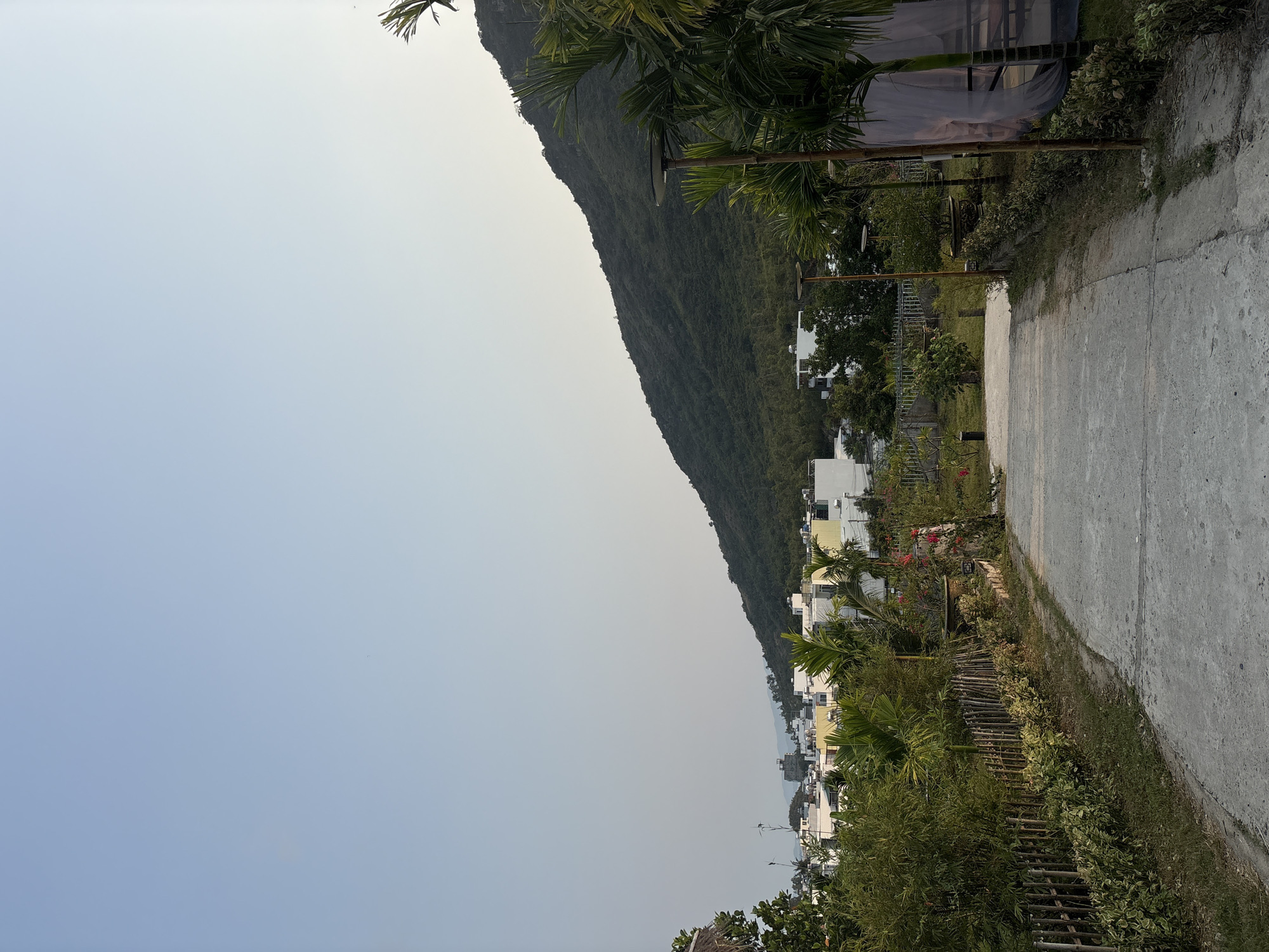 A sideways, outdoor shot shows a concrete road in the Bắc Nha Trang area of Vietnam. The road stretches from the bottom right corner and curves towards the upper center, flanked by vegetation and a mixture of small trees, flowers, and shrubs. A wooden fence runs alongside part of the road. Beyond the vegetation, buildings and residences are visible. A forested mountain forms the backdrop on the left side of the scene. The sky is a pale blue.