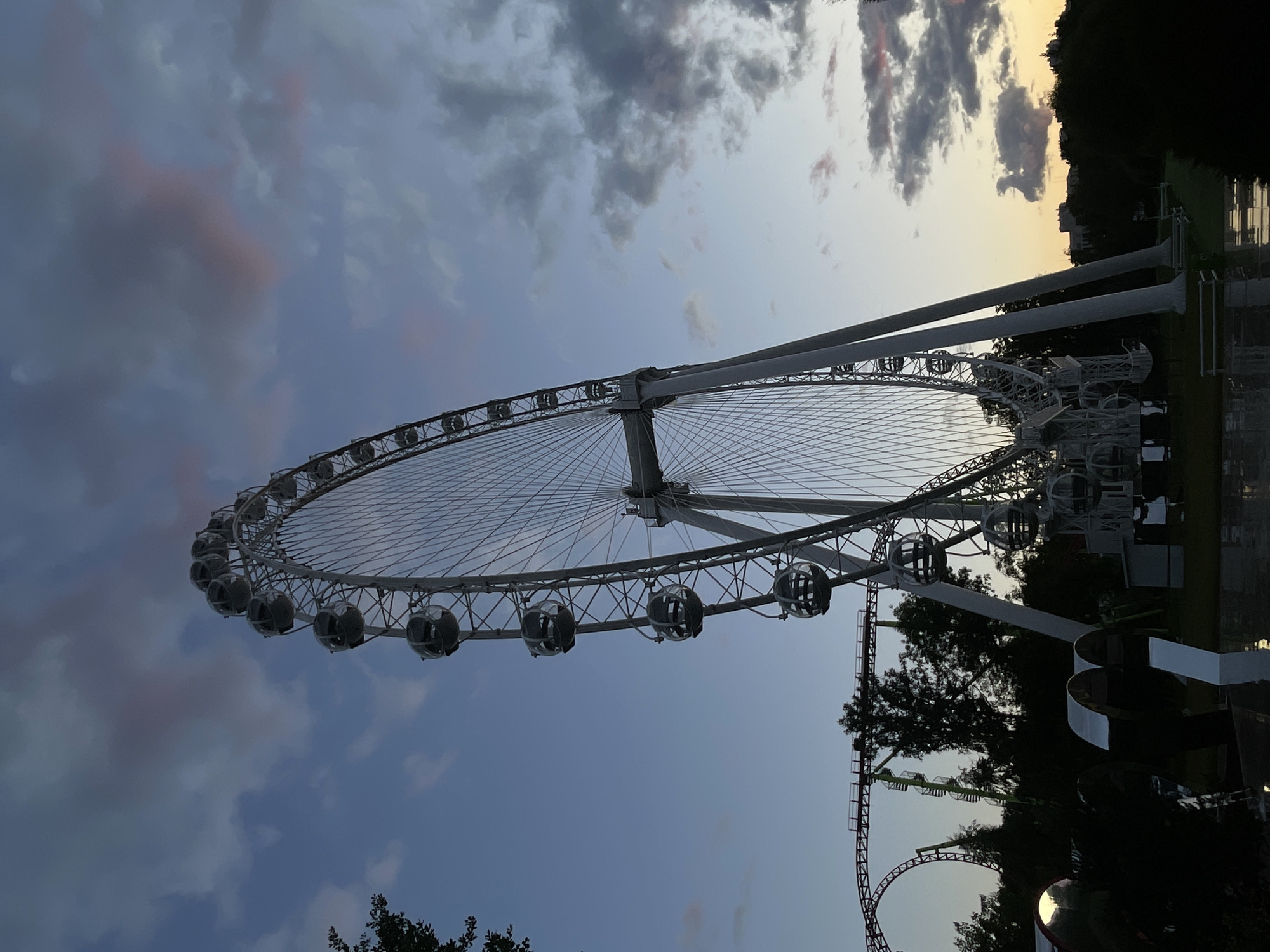 An outdoor, full-shot, low-angle photograph captures a large white Ferris wheel against a twilight sky with dramatic clouds. The Ferris wheel is the dominant feature, with its intricate spokes and numerous gondolas visible. To the left of the Ferris wheel, a section of a red and green roller coaster track is visible, curving through the trees. Dark silhouettes of trees and other amusement park structures fill the lower portion of the frame, with some reflective surfaces suggesting water or a wet ground. The sky transitions from a pale blue near the horizon to a deeper blue at the top, with hints of pink and orange in the clouds. The scene is devoid of people.