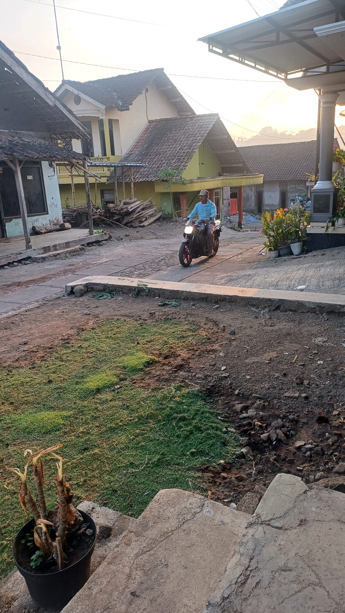 The image depicts a rural street scene at dawn in Wonokerso, Indonesia. A man is riding a motorcycle with red rims down a dirt and paved road. He is wearing a light blue long-sleeved shirt and a cap. To the left of the road, there are several houses with traditional tiled roofs, one of which appears to be under construction or renovation, with stacks of wood in front. To the right, there is a modern structure with a metal roof supported by pillars, and potted plants. In the foreground, a black pot contains a withered plant with dry leaves, situated on concrete steps leading down to a patch of green grass. The sky is bright, suggesting sunrise, and the overall atmosphere is tranquil.