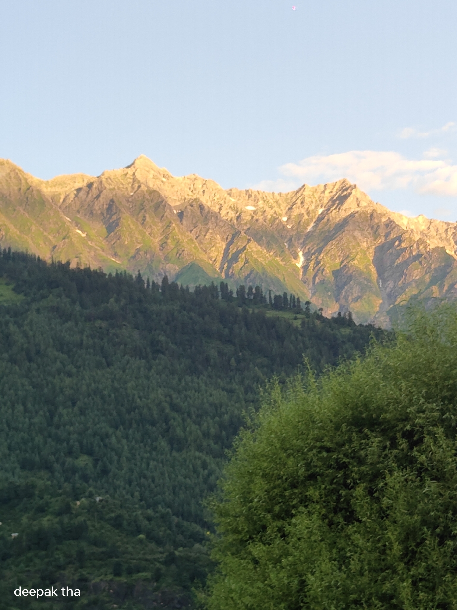 The image shows a vast mountainous landscape with a clear sky. The foreground is dominated by lush green trees and foliage, obscuring the lower parts of the mountains. In the mid-ground, a dense forest covers the slopes of a mountain range. The background features towering, rugged mountains, illuminated by sunlight, revealing their rocky textures and patches of green vegetation, with some snow visible on the higher peaks. A small, pinkish object, possibly a kite or a balloon, is visible in the upper portion of the sky. The text "deepak tha" is overlaid in the bottom left corner of the image. The scene depicts a natural, serene environment in the vicinity of Vashisht, India.