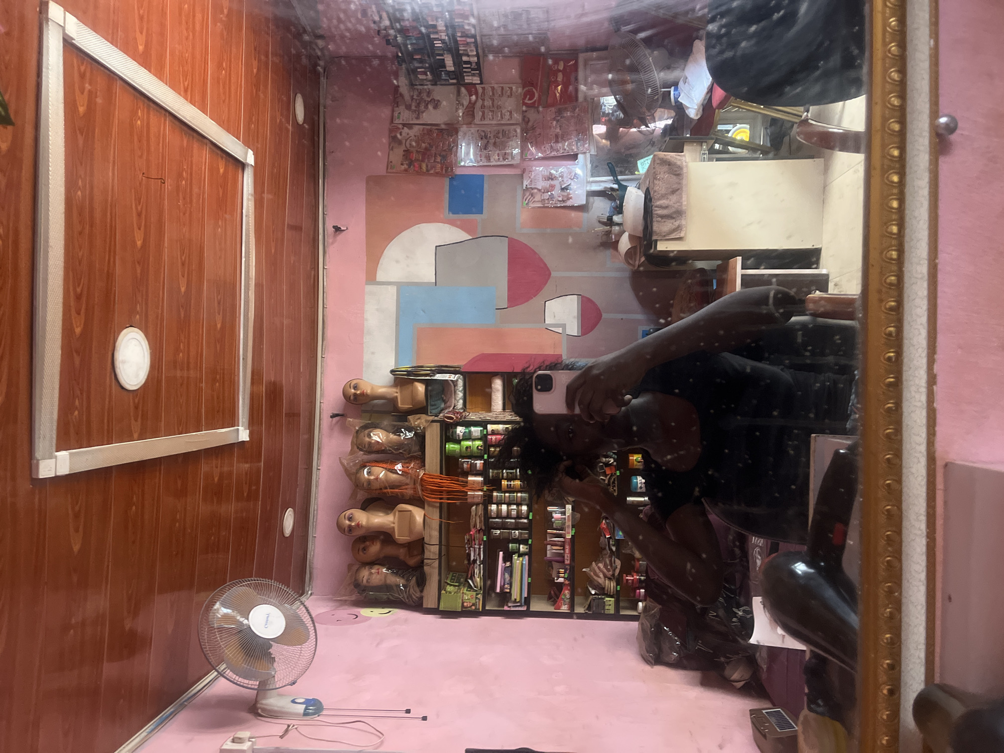 The image appears to be a reflection in a mirror of a room in Abuja, Nigeria. The room has pink walls and floors. A person is taking a photo of themselves in the mirror. A fan is visible in the lower-left corner. A shelving unit holding merchandise and mannequin heads with wigs is along one wall. Other items such as hair products and books are on the shelves. The walls are decorated with what appear to be paintings and promotional materials.