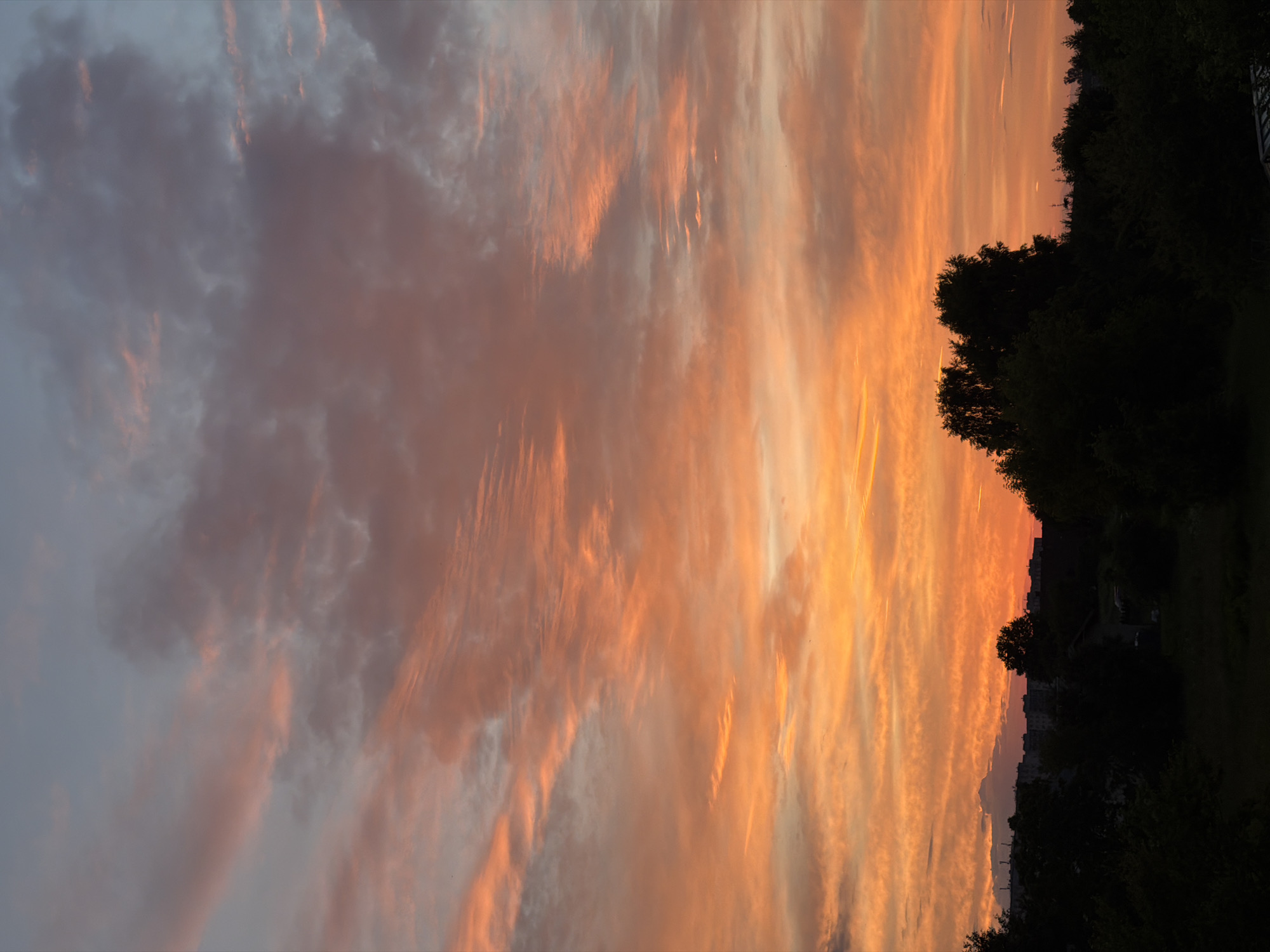 A photograph taken from a high vantage point captures a sunset over the city of Dreiliņi, Latvia. The sky is a vibrant canvas of orange and pink hues, with wispy clouds streaking across the horizon. Below, the silhouettes of trees and buildings are visible against the darkening sky, indicating the late hour. The scene evokes a sense of tranquility and the end of a day.