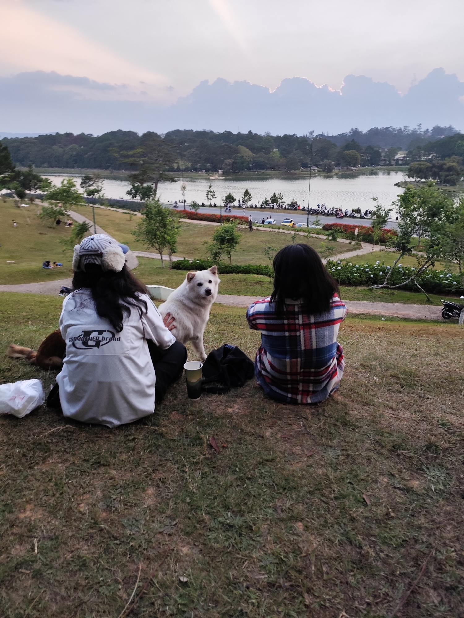 Two women and two dogs are sitting on a grassy hill overlooking Xuan Huong Lake in Da Lat, Lam Dong, Vietnam. One woman wears a white jacket and an ear-flap hat, petting a white dog that is sitting up. The other woman is in a red and blue plaid shirt. A brown dog lies to the left of the white-jacketed woman. A paper cup and a black bag sit on the ground near the group. In the background, across the lake, are trees, a road, and people. The sky is cloudy.