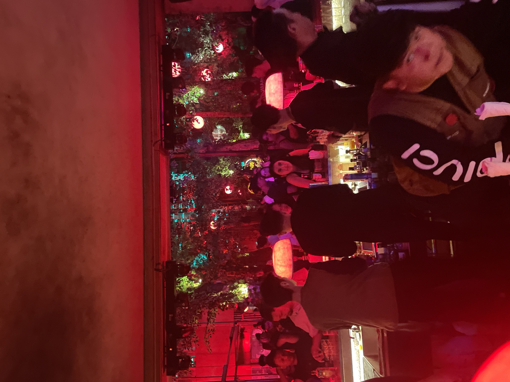 The image captures a crowded, dimly lit bar or club scene in Bandung City, Indonesia, characterized by a vibrant red and green color scheme. The environment features a ceiling with visible texture, illuminated by a pervasive red light. Below the ceiling, a black track-lighting system or sound equipment structure runs horizontally. The background is dominated by lush artificial or real foliage, creating a jungle-like aesthetic. Interspersed within this greenery are multiple spherical decorative lights or lanterns, some appearing as mirror balls and others with red and white patterns.
In the foreground, a modern bar counter spans the width of the image. Behind the counter, various bottles of liquor, bar tools, and ice wells are visible. Several people are positioned behind the bar, seemingly working. One individual in a light-colored top is visible serving a drink in the mid-ground.
Numerous patrons fill the space, standing closely together. Their faces are often obscured by the low light, camera angle, or other individuals. In the mid-ground, two men are seen from the back, standing at the bar: one in a brown/tan long-sleeved shirt to the left, and another in a black long-sleeved shirt to the right. Both appear to be engaged with the bar. Two distinctive mushroom or bell-shaped lamps with a warm, glowing light sit on the bar counter.
In the bottom right foreground, a person wearing a black hoodie or sweatshirt with the white text "JIUCI" written vertically on the left sleeve is partially visible. This individual has light skin and rosy features, possibly due to the red lighting, and is looking downwards. They are holding two small, white, cylindrical objects, possibly shot glasses or candles. The overall scene depicts a lively and social nightlife setting.