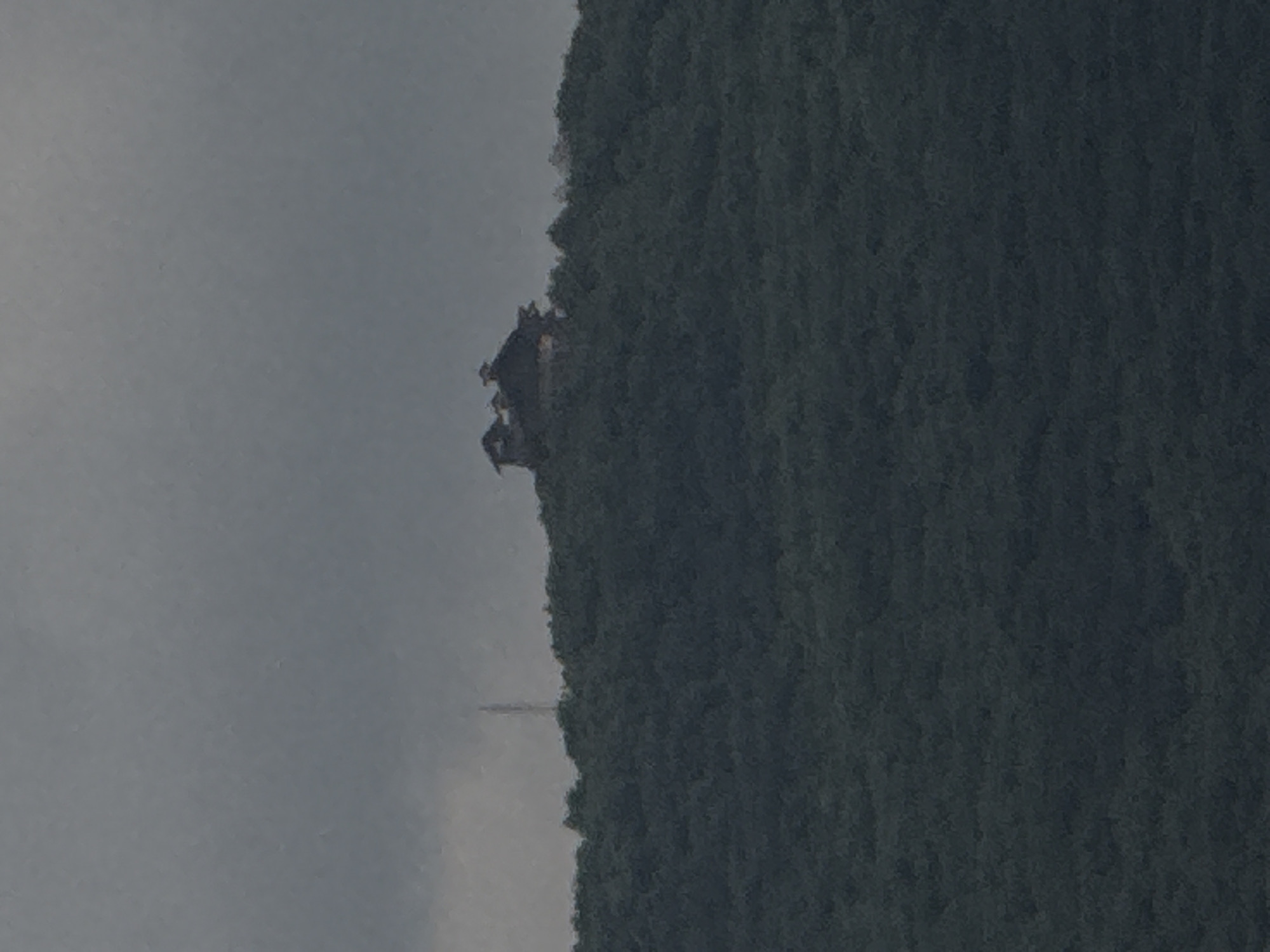 The image depicts a hazy, overcast sky over a densely forested hill. Atop the hill, a dark-colored structure, possibly a house or lodge with multiple gables and dormer windows, is visible. To the left of the structure, a tall, slender tower, likely a communication tower, is present. The foliage on the hill is uniformly dark green. The overall scene suggests a remote, elevated location. There is no indication of people or specific activities. The image does not provide any geographical markers or details that would allow for definitive placement within the city of Sis, Azerbaijan.