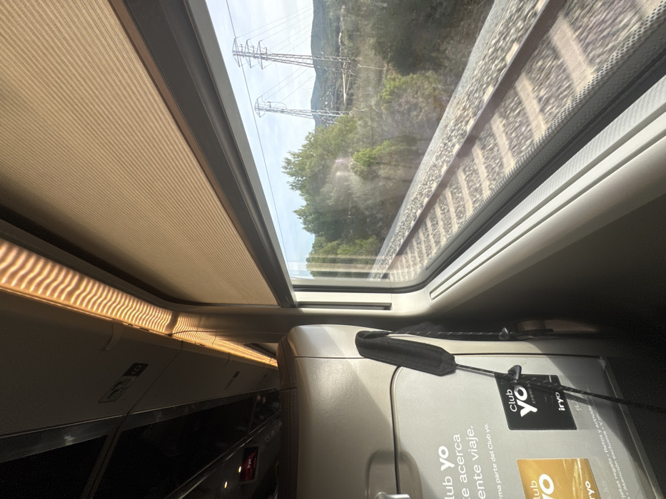 The image captures a view from inside a modern passenger train car, looking out a window towards the right. Internally, a light-colored seat or partition is visible on the left, from which a black fabric strap is suspended. Promotional stickers for "Club Yo" and "iryo" are affixed to this surface. Above the window, a beige pleated roller blind is partially deployed. A linear light fixture with a distinctive wavy pattern of illumination runs along the ceiling.
Externally, through the window, a single railway track with ballast is visible in the immediate foreground, running parallel to the train's direction. Beyond the track, a landscape of dense green trees and vegetation extends into the mid-ground. In the distance, two prominent metallic lattice-structure electricity transmission towers stand against a bright sky. Faint hills and what appears to be a distant settlement are discernible on the horizon. The scene is situated in or near Sant Esteve Sesrovires, Spain.