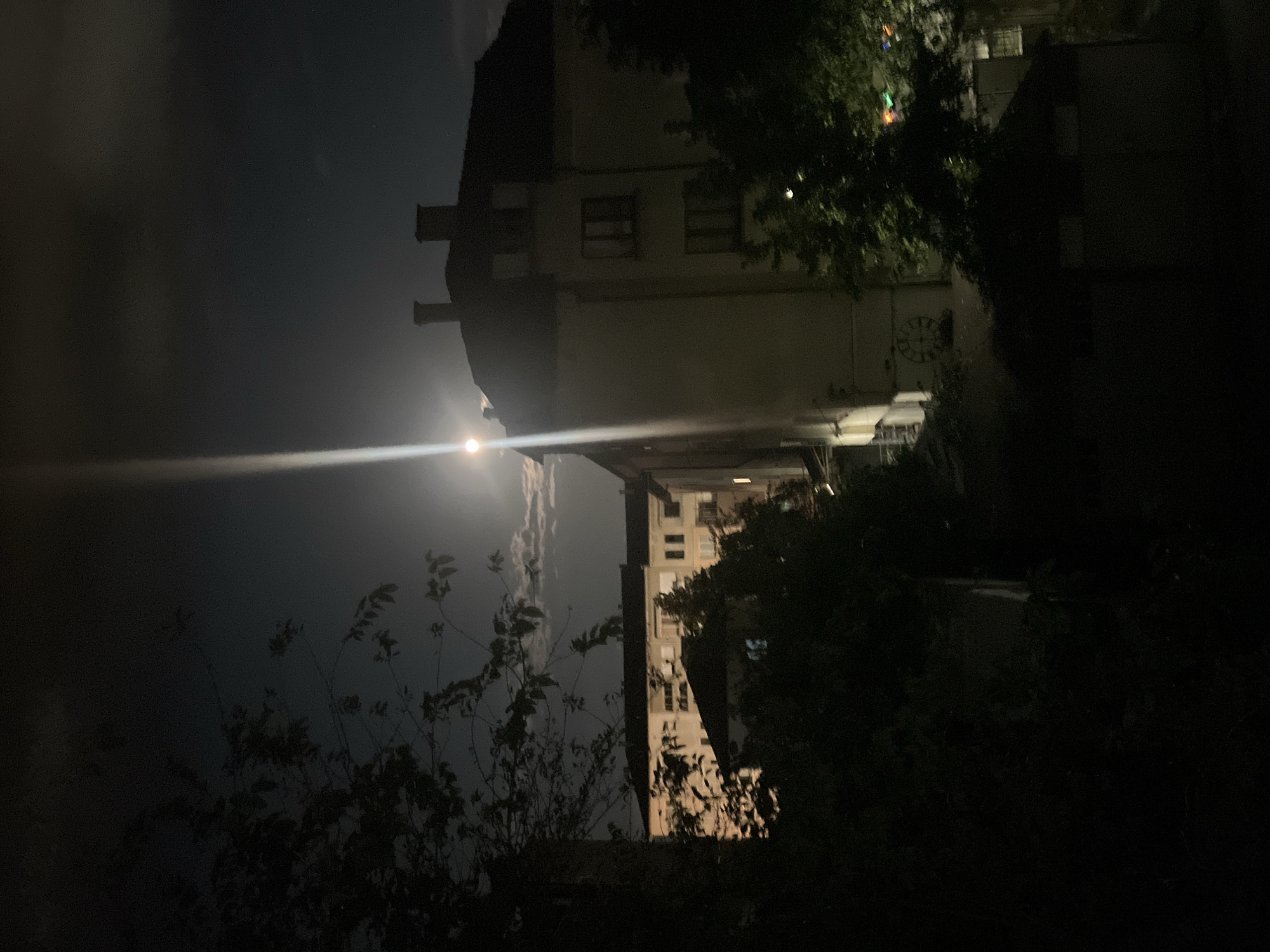 The image depicts a nighttime scene in Blagoevgrad, Bulgaria, illuminated by the moon. In the foreground, silhouetted trees with visible leaves partially obscure the view of buildings. To the right, a light-colored building with multiple windows and a dark, sloped roof with chimneys is prominent. A bright beam of moonlight emanates from the upper left portion of the sky, casting a strong light on the scene and creating a lens flare effect. Behind this building, another, lighter-colored building with numerous windows is visible. The sky is dark with some scattered clouds, and the overall atmosphere is nocturnal and somewhat serene. No people are visible in the image.