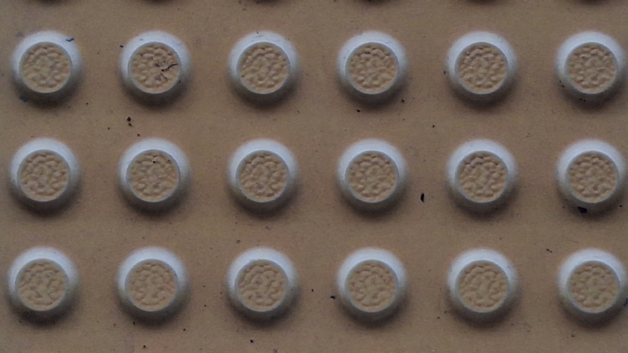 The image shows a close-up of a tactile paving surface, typically used to aid visually impaired pedestrians. The surface consists of rows and columns of raised, circular bumps, each featuring a textured top surface. The bumps are lighter in color than the surrounding flat surface, which appears to be a beige or light brown color. There are some scattered dark spots or debris on the flat surface. There is no identifiable location in Karawang, Indonesia, or any evidence of people, objects, actions, or interactions in the image.