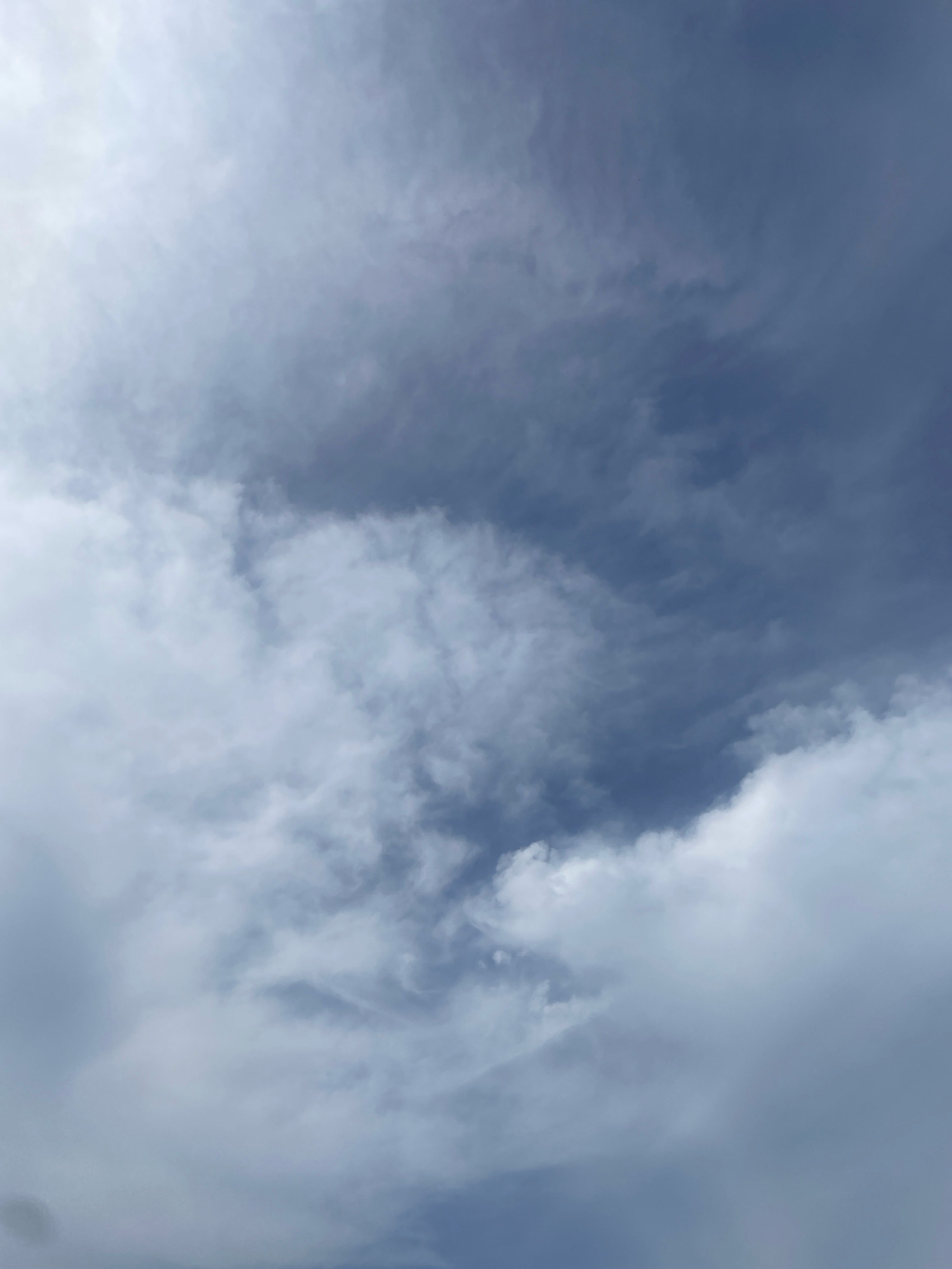 A close-up, low-angle shot depicts a sky filled with clouds. The clouds are varied in texture and density, with some appearing wispy and thin, while others are thicker and more opaque. A gradient of blue and gray hues dominates the scene, suggesting an overcast or partly cloudy day. The image is abstract and lacks any discernible landmarks, buildings, or human presence, making it impossible to ascertain a specific location within La Herradura, Spain, or any other city. The focus is entirely on the atmospheric conditions.