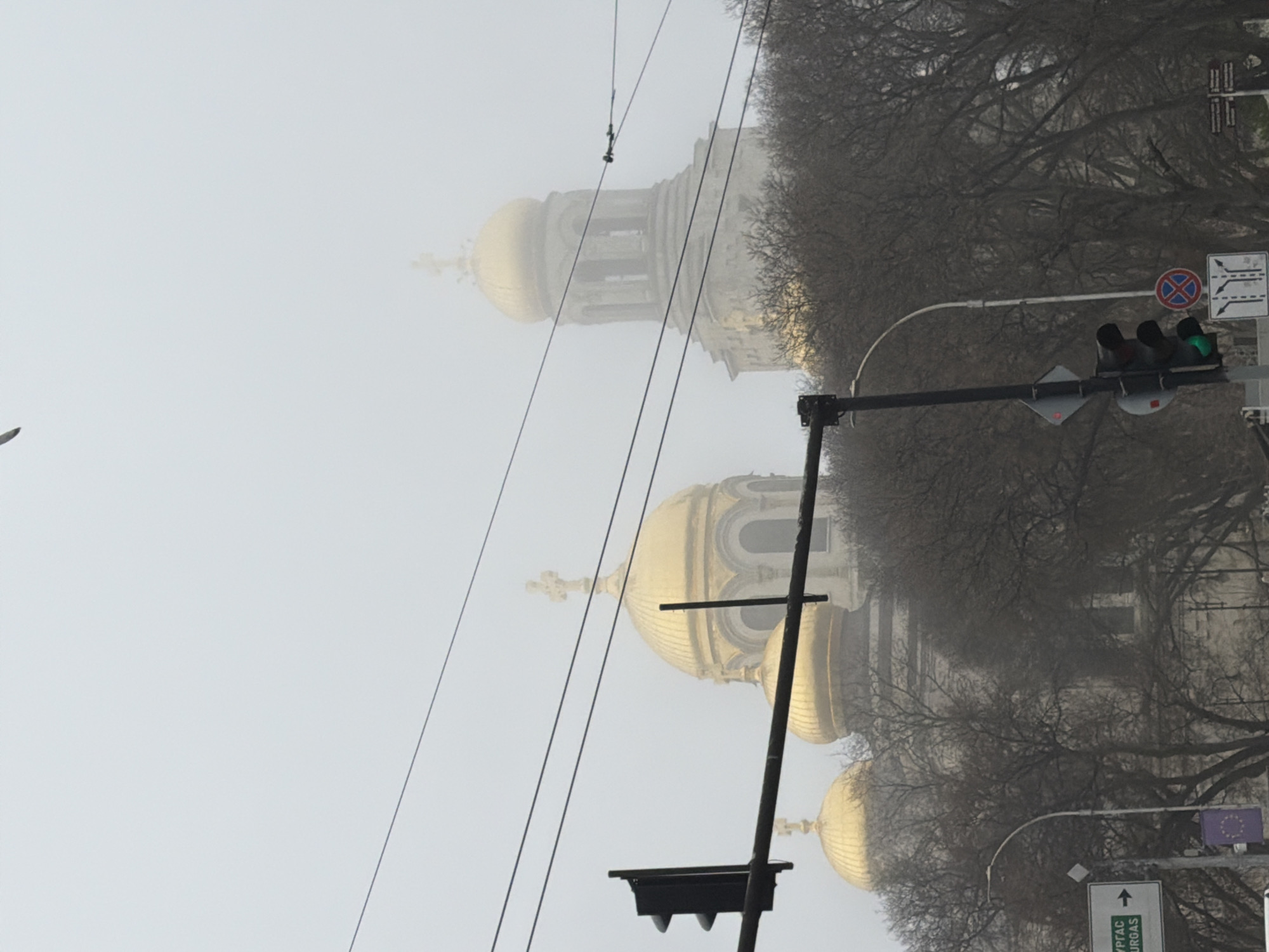 The image shows a street scene in Varna, Bulgaria on a foggy day. The domes of the Dormition of the Mother of God Cathedral are visible in the background, shrouded in fog. There are trees with bare branches along the street. Power lines intersect the view. A traffic light is positioned with a green light displayed. Street signs are visible, one with directions to Burgas.