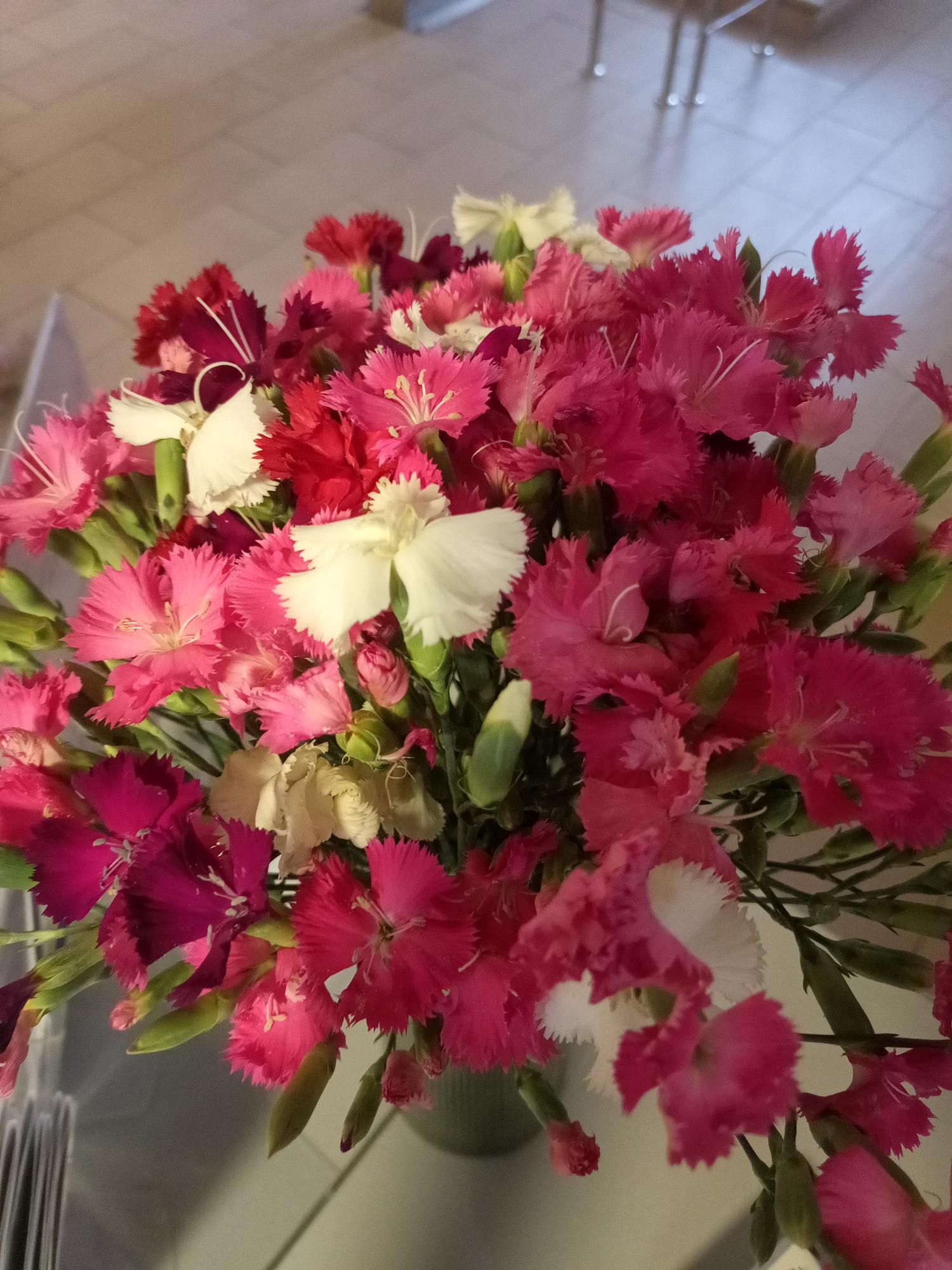 A bouquet of bright pink, deep pink, red, and white dianthus flowers is presented in a green vase. The flowers are tightly packed together, with some buds visible. The vase sits on a light-colored, tiled surface. The background is blurry and appears to be an indoor setting with hints of furniture and lighting. The image is taken from a slightly elevated angle, looking down into the bouquet.