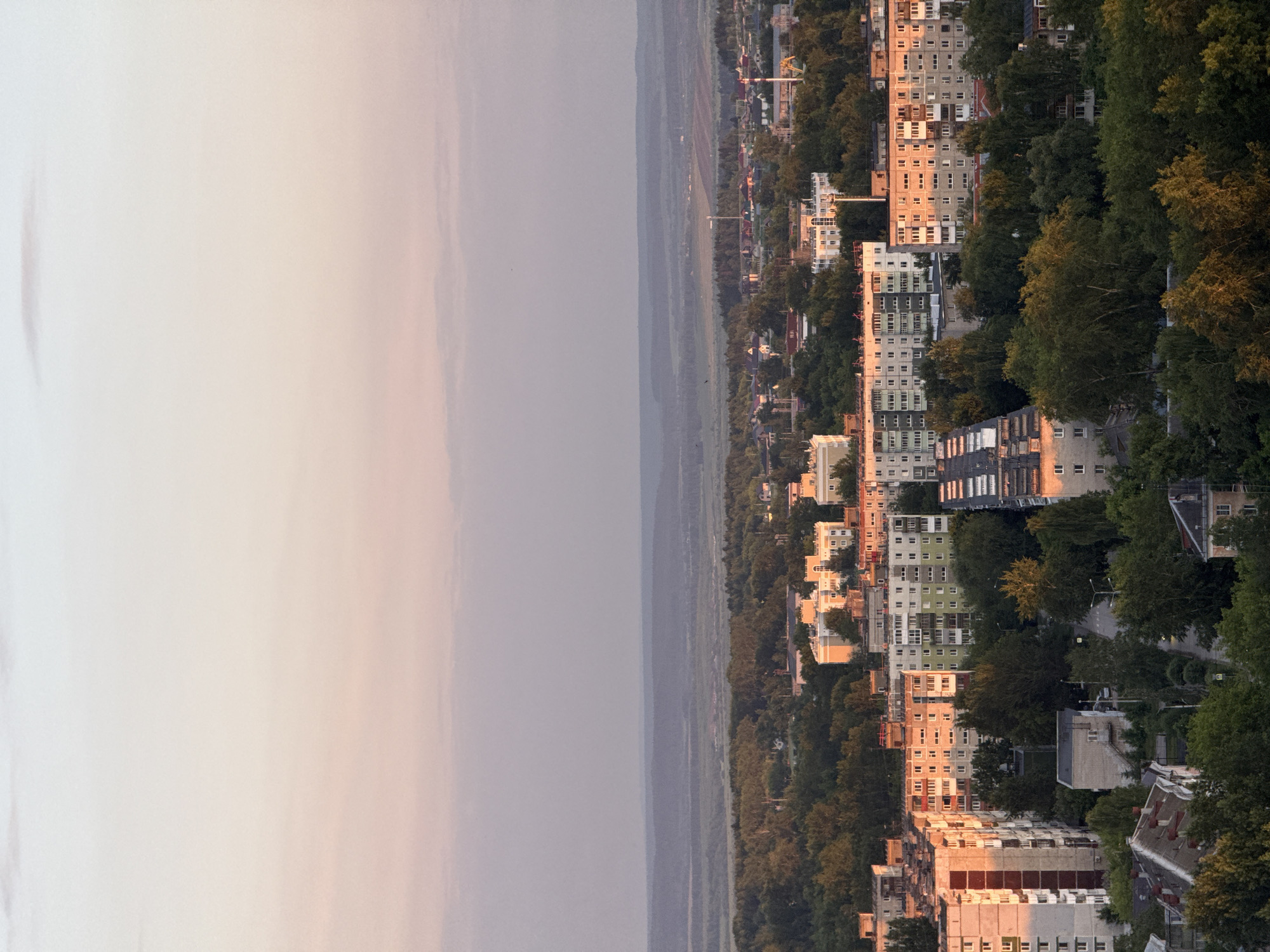 This image presents a panoramic view of a city or town transitioning into a vast, open landscape, observed from a high vantage point during the golden hour. The photograph appears to have been taken in portrait orientation and rotated, depicting the scene horizontally.
In the foreground and midground, numerous multi-story apartment buildings dominate the urban sprawl. These residential structures, largely made of concrete or stucco, exhibit repetitive window patterns and balconies. Many of them are bathed in a warm, golden light, indicating either sunrise or sunset, which casts soft, orange and yellow hues across their facades and creates subtle shadows. Abundant green trees are interspersed among the buildings, forming verdant canopies and green spaces throughout the urban fabric.
Beyond the city, a broad, flat expanse stretches towards the horizon. This appears to be a large body of water, possibly a river or a lake, or a distant plain. The sky above this expanse graduates from soft pinks and faint oranges near the horizon, where it meets the distant land or water, to a lighter, hazy grey-blue further upwards. The overall impression is one of tranquility and vastness, with a gentle haze softening the distant features.
No specific activities or people are discernible within the frame. There is no visible text. The setting depicts an urban environment, likely in Dikaya Gar, Russia, at a peaceful time of day, characterized by diffused, warm light and a calm atmosphere.