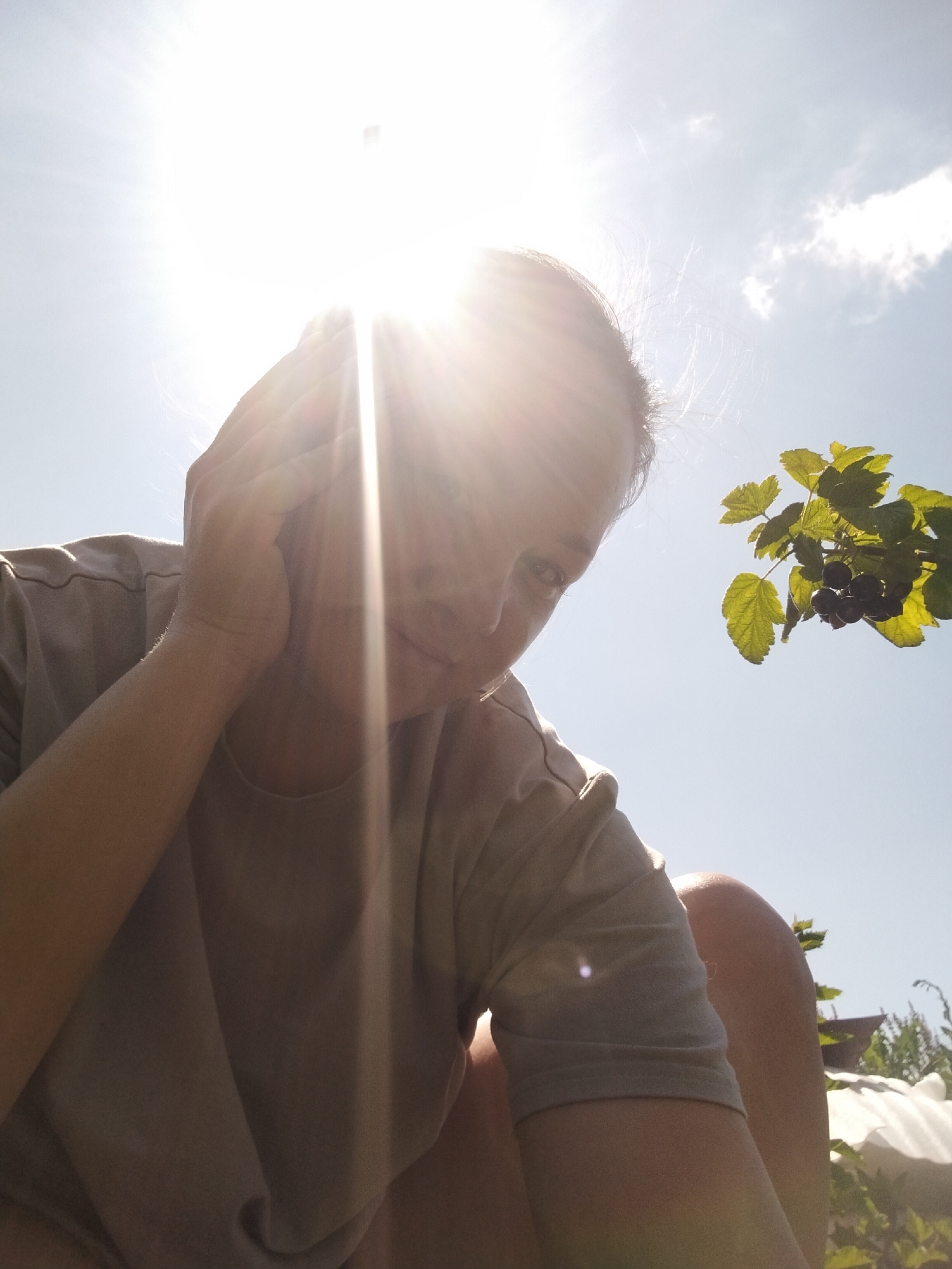 An outdoor, low-angle, eye-level, medium shot captures a person's face and upper body against a bright sky in Вазерки, Russia. The sun is a dominant element, creating strong lens flare and overexposure in the upper left quadrant of the image. The person, with fair skin and light brown hair pulled back, is looking downwards towards the camera. Their left hand is raised to their temple, and they are wearing a light brown t-shirt. In the upper right of the frame, a branch with green leaves and dark berries, possibly currants, is visible. The background consists of a clear blue sky with a few white clouds. The overall lighting is harsh due to the direct sunlight.