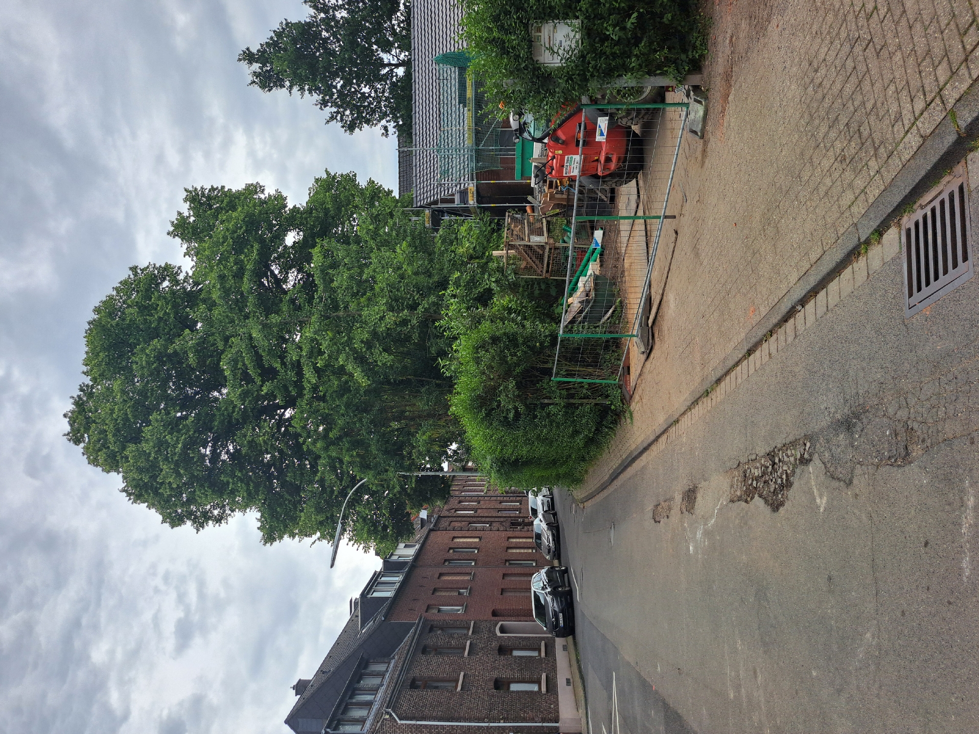 An overcast day in Unknown, Unknown, features a street lined with red brick apartment buildings on the left and a construction site on the right. The street itself is asphalt with visible potholes and some water or white paint markings. Parked along the left side of the street are three cars: a dark SUV, a silver sedan, and a white sedan. The construction site on the right is enclosed by a green metal fence. Inside the fenced area, there are building materials, scaffolding around a house with a grey tiled roof, and a red construction vehicle that appears to be a forklift or telehandler. A large, mature tree with dense green foliage dominates the mid-ground, partially obscuring the view of the construction. Further to the right, more trees and dense green bushes are visible. The sidewalk on the right is paved with interlocking bricks, and a storm drain grate is present on the street in the foreground.