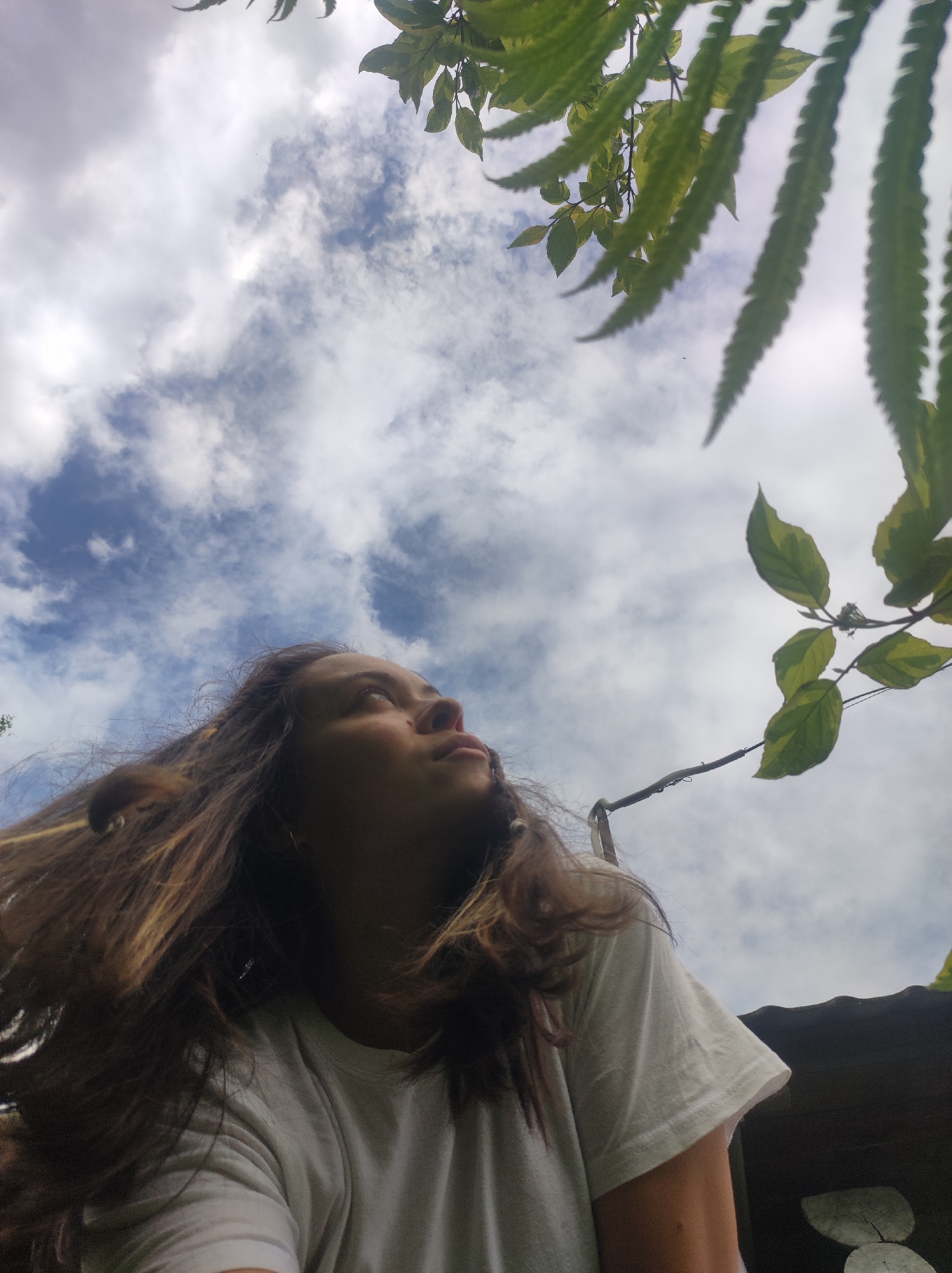 The image is a low-angle shot captured in the city of Фоки, Russia, featuring a young individual, likely female, with long brown hair, positioned in the lower-left quadrant. She is looking upwards and slightly to the right, with her head tilted back, revealing her right profile. She wears a plain white short-sleeved t-shirt. Her long, light brown hair appears windswept and partially covers her left shoulder and neck area. The upper two-thirds of the image consist of a partly cloudy sky, showing patches of blue amidst white and grey clouds. Green foliage frames the top of the image; distinct fern-like fronds are visible in the upper right, and a branch with variegated green and yellow leaves extends from the middle-right. A dark, possibly corrugated roof edge is partially visible in the lower right corner, above a lighter wooden structure. A thin dark wire or cable stretches from the middle right towards the lower right.