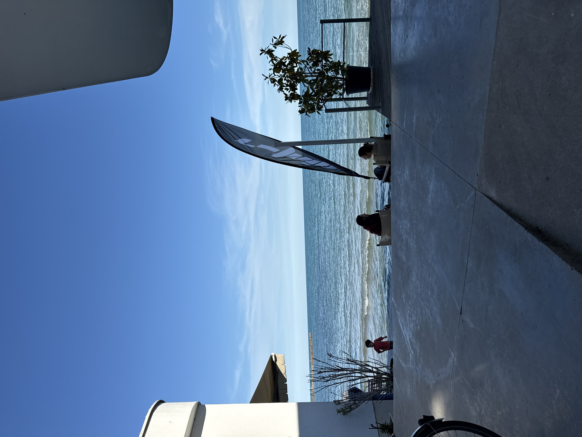 This is a landscape-oriented photograph taken outdoors on a clear, sunny day. The image depicts a seaside scene with a clear blue sky and the tranquil sea in the background. In the foreground, a concrete pathway runs alongside a wooden deck, suggesting a boardwalk or waterfront area.
Several people are visible, appearing relaxed and enjoying the environment. One person, wearing a red shirt, stands near some sparse vegetation, looking towards the sea. Further back, a few individuals are seated, potentially at tables or benches, observing the water. A black and white banner, possibly a flag or advertisement, is prominently displayed, angled upwards. A potted plant adds a touch of greenery to the scene.
The overall atmosphere appears peaceful and leisurely. The clear sky and gentle waves suggest pleasant weather. The presence of a bicycle in the lower right corner hints at the possibility of this being a recreational area. The scene is set in Varna, Bulgaria, a coastal city known for its beaches and seaside attractions. No discernible text is visible in the image.
