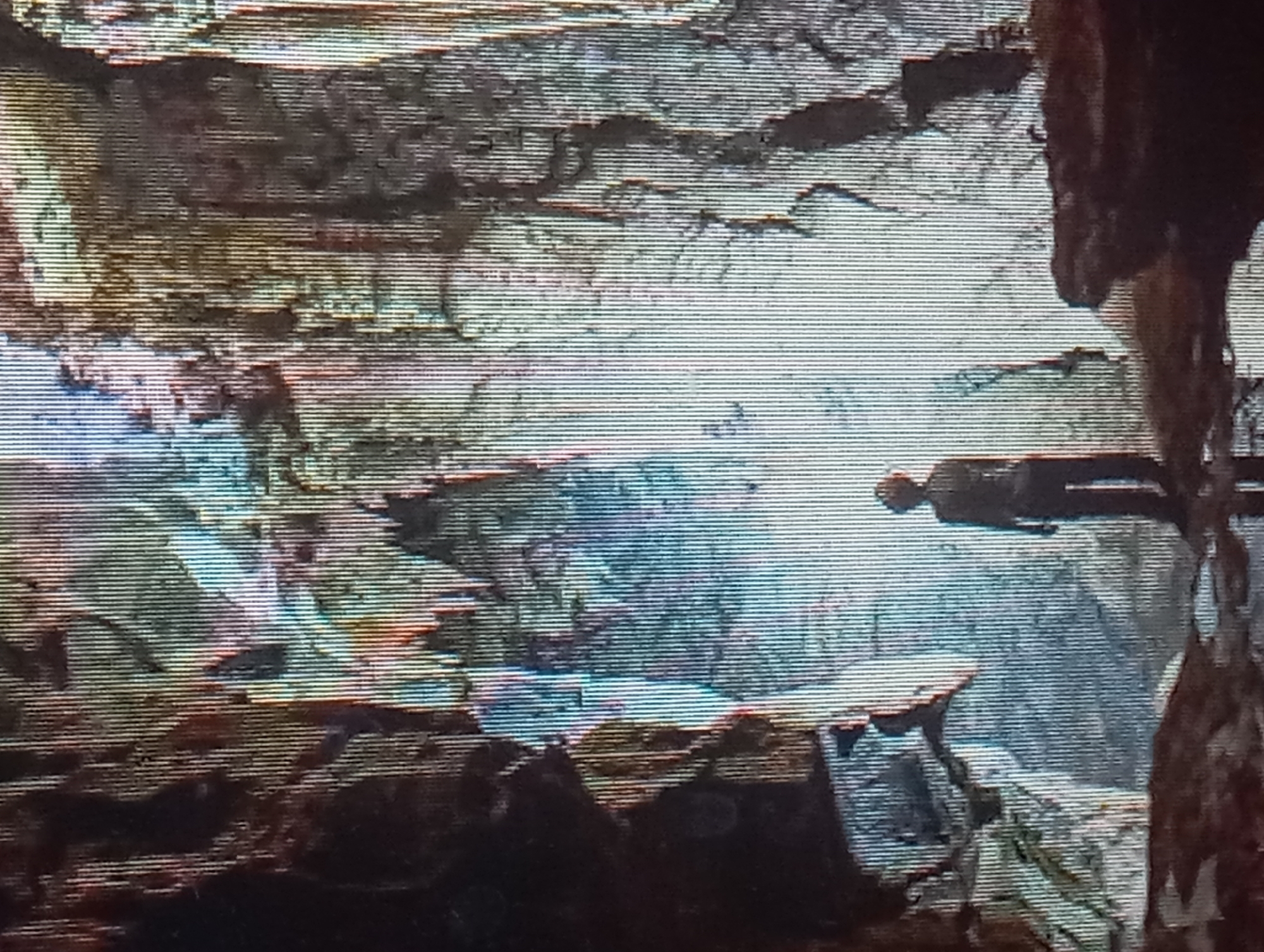 The image shows the interior of a cave. The walls are rough and layered, with visible striations. A figure appears to be standing on a ledge or pathway within the cave. To the right, there are formations that resemble stalactites or hanging structures. The lighting is dim. There is no evidence indicating the location in the city of Karaganda, Kazakhstan.