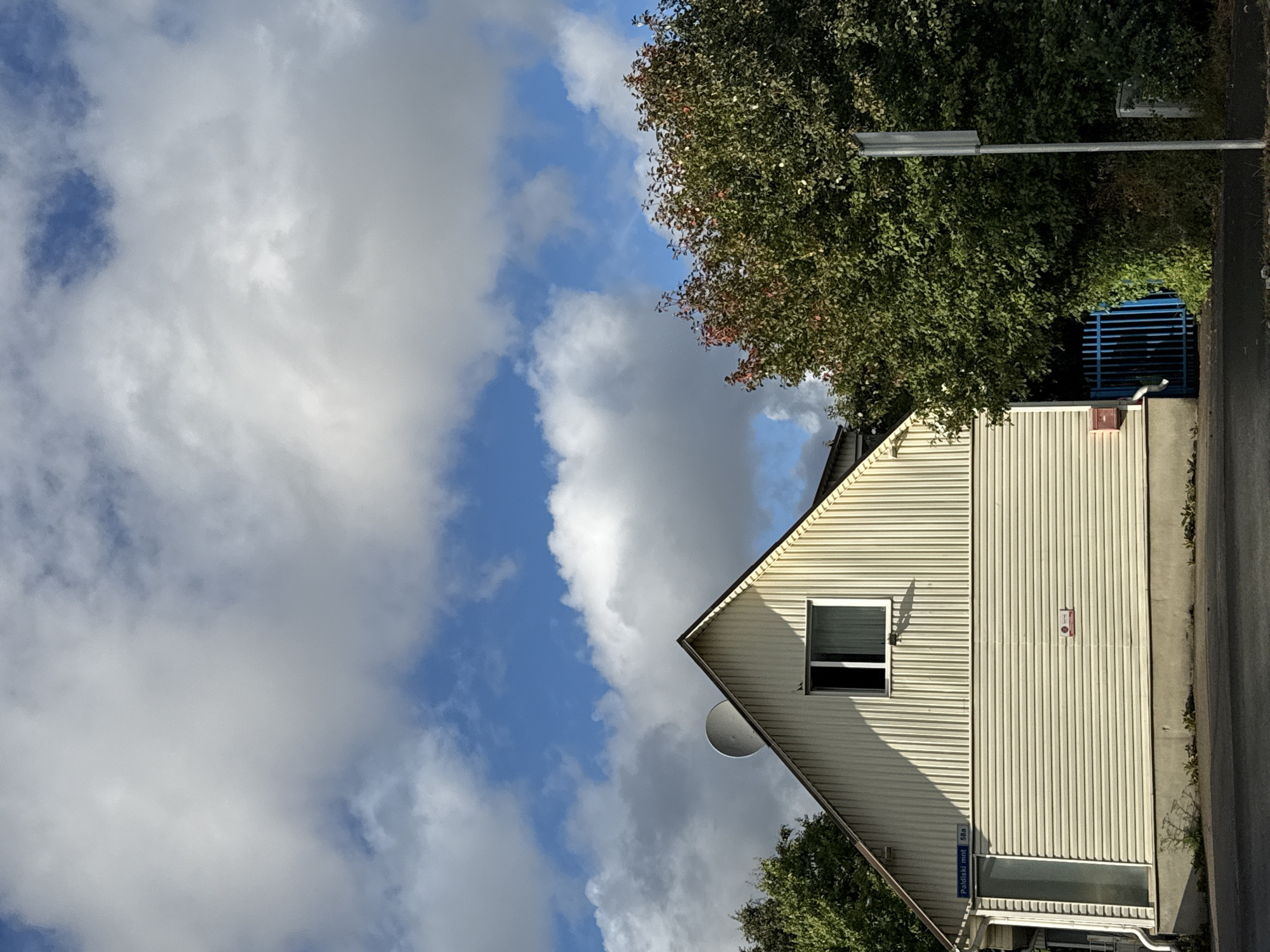 The image shows the side of a light-colored, clapboard-sided house under a bright blue sky with scattered white clouds. A large, leafy green tree with some reddish-brown foliage partially obscures the view of the sky and a portion of the house. A streetlamp is visible behind the tree. A blue metal gate is also visible to the right of the tree. On the side of the house, there's a rectangular window and a satellite dish. A small red sign with white writing is mounted on the wall. Below the window, a blue street sign reads "Paldiski mnt 56a". The scene suggests a daytime setting with good weather. The overall mood is peaceful and ordinary, depicting a residential street in what appears to be a suburban or semi-urban area.