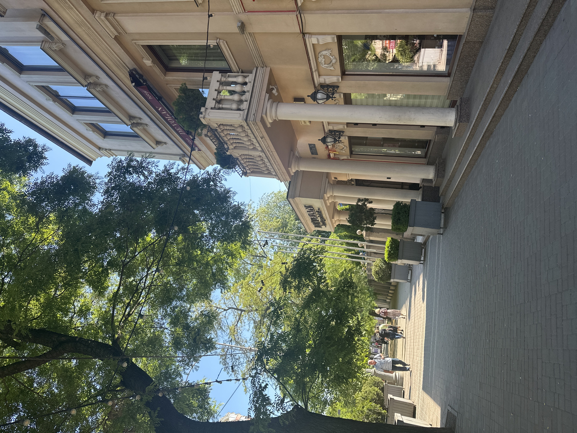 The image captures a vibrant street scene on a sunny day, featuring a grand building, lush trees, and pedestrians. The camera angle is slightly upward, showcasing the building's facade and the overhead tree canopy.
On the right side of the frame, a stately multi-story building with a light-colored, possibly beige, facade stands prominently. It exhibits classical architectural elements, including large columns, an ornate balustrade balcony, decorative wall sconces, and reflective windows on its upper floors. An awning extending from the building clearly displays "DE VOLAN Hotel," with "Restaurant" partially visible below. Further along the ground floor, behind the columns, a sign partially reads "DANUBIUS EAST."
To the left and across the foreground, large, verdant trees provide extensive shade. String lights with spherical bulbs are strung among their branches. Along the base of the building, rectangular planters hold neatly trimmed bushes.
A wide, dark-paved pedestrian walkway stretches from the foreground into the distance. Several people are casually strolling on the path, some individually and others in small groups, all dressed in informal attire. Patches of bright sunlight illuminate parts of the walkway, indicating clear weather.
The scene conveys a peaceful daytime ambiance, likely late morning or early afternoon, consistent with the strong sunlight and shadows.