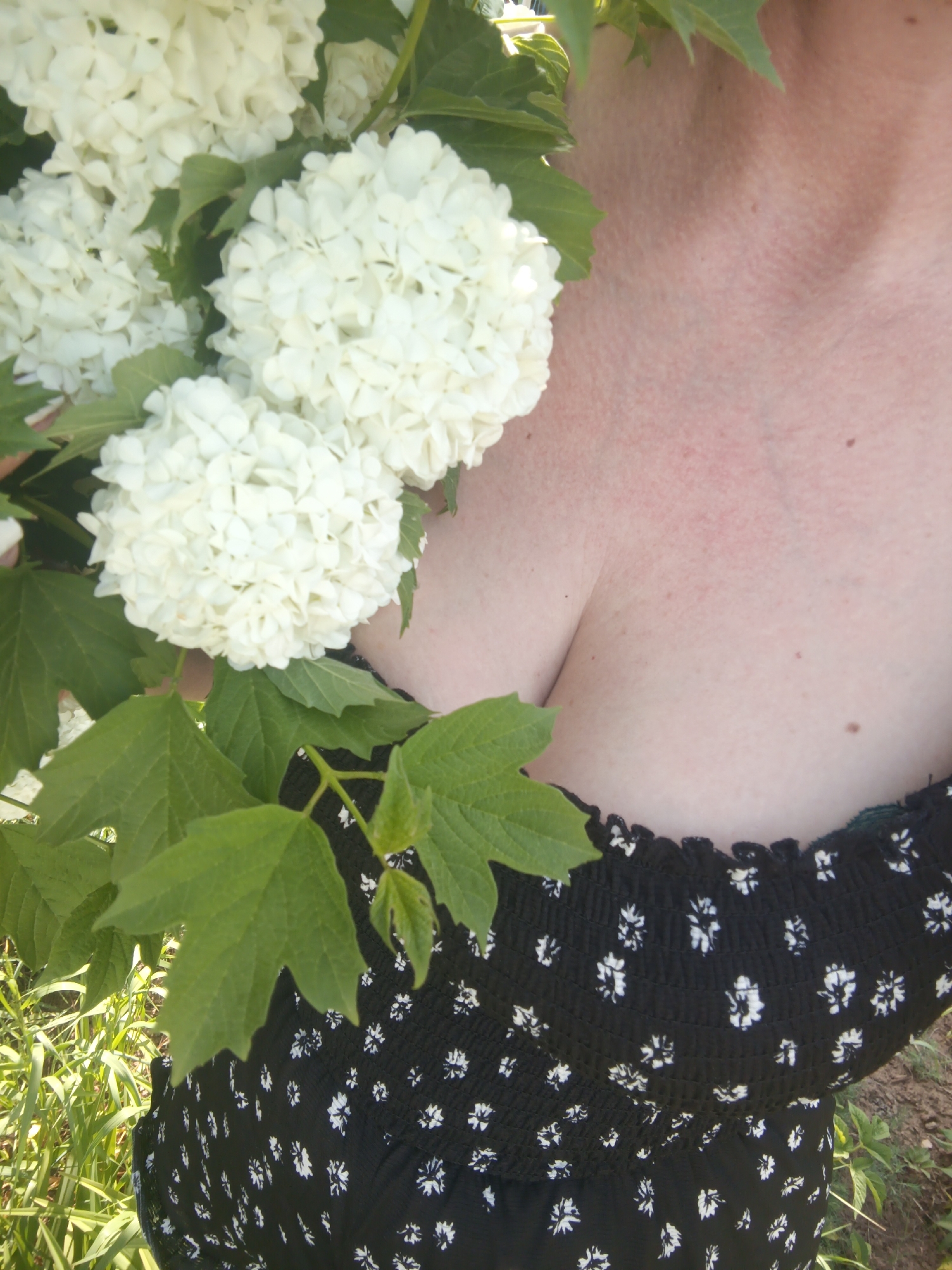 The image shows a fair-skinned person wearing a black, off-the-shoulder dress with a small white floral pattern. The person is holding a bouquet of white hydrangea flowers with green leaves, positioned near their chest and shoulder. The background shows green grass and foliage. It is impossible to verify the location as Chaikovsky, Russia, based solely on the visual information provided.