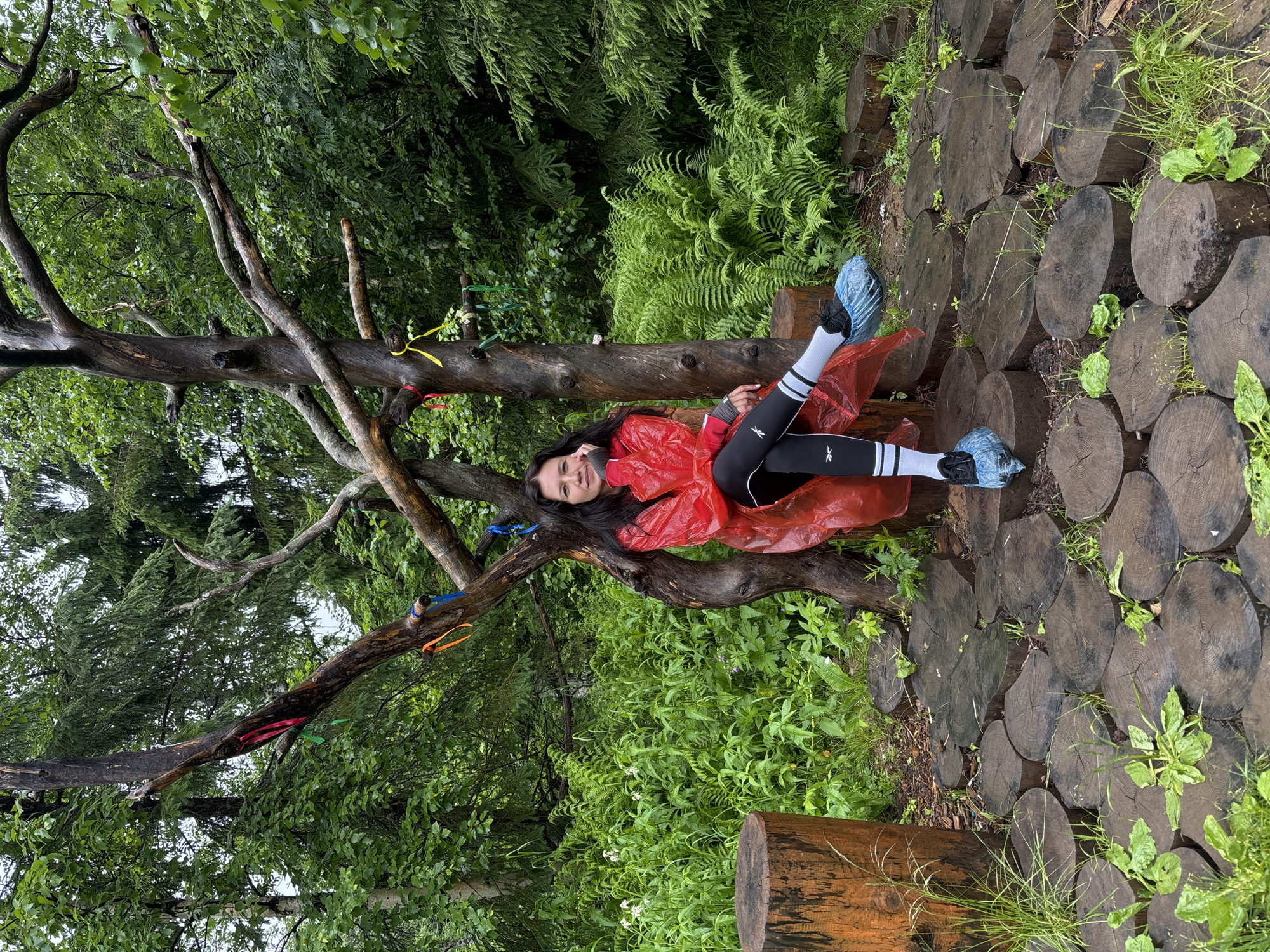 A young woman with long, dark hair sits on a rustic, artfully constructed wooden structure in a forest setting. She is wearing a bright red hooded rain jacket over black leggings with white stripes and white socks. Her feet are covered in blue plastic shoe covers. The wooden structure appears to be made from a dead tree and branches, decorated with colorful ribbons of red, yellow, blue, and green. The surrounding environment is lush and green, with dense foliage of ferns and trees. The ground is covered with circular wooden logs laid out like a path or seating area. A large wooden stump stands to the left of the woman. The overall scene suggests an outdoor recreational area or a natural art installation located in the city of Usva, Russia.