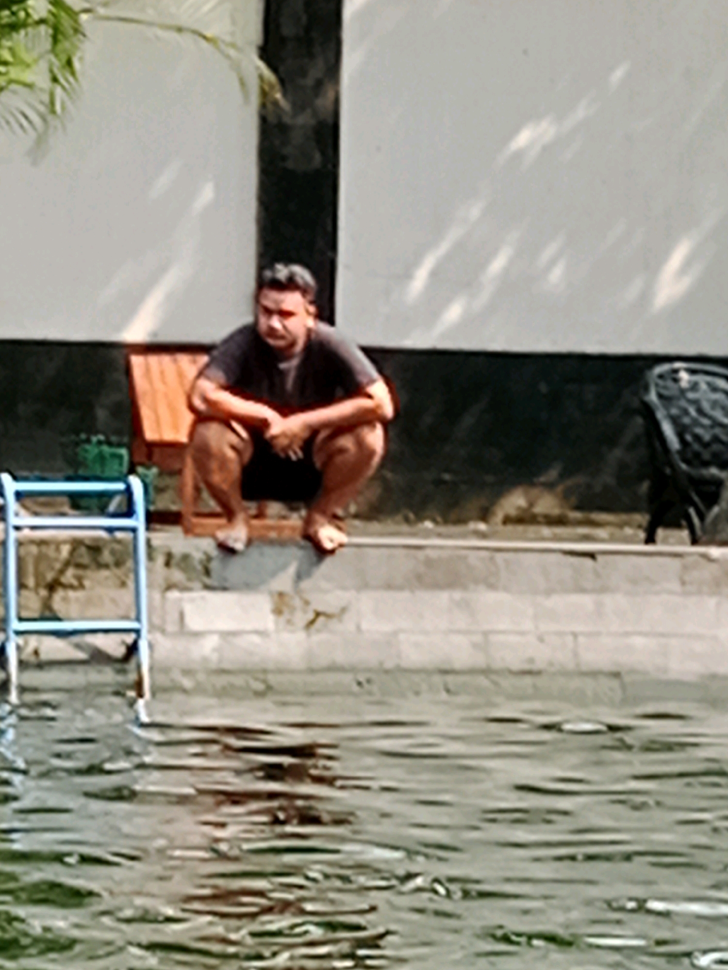 A man is crouched on the edge of a swimming pool. He is wearing a dark t-shirt and dark shorts. His feet are bare and touching the water. To his left is a blue ladder leading into the pool. Behind him is a wall with a wooden bench. The pool is filled with green water. The scene appears to be in a tropical location, with palm leaves visible in the upper left corner. The overall impression is one of leisure and relaxation.