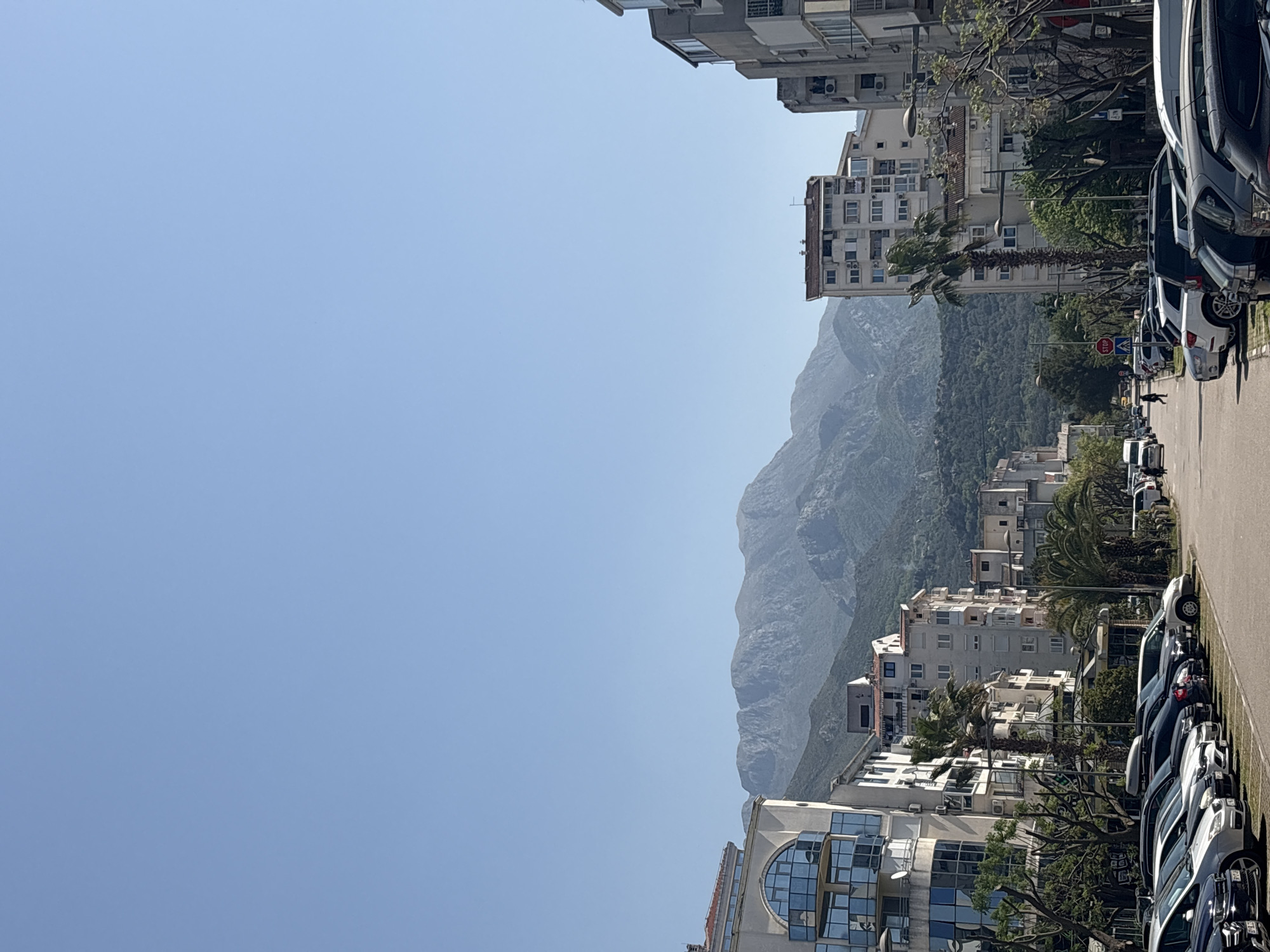 This image captures a bright, sunny daytime street scene in Bar, Montenegro, with a prominent mountain range in the background. The upper left portion of the image shows a clear, light blue sky with no clouds.
In the mid-ground and background, large, hazy grey-green mountains rise majestically, their lower slopes appearing densely forested. The foreground features a paved street running from the bottom towards the mid-right. A line of cars, including various models in white and darker colors, are parked parallel to the curb along the right side of the road.
Multi-story buildings line both sides of the street. On the left, a modern building with large reflective windows and a distinctive circular glass feature is visible. On the right, residential or mixed-use buildings with balconies and air conditioning units are present. Trees, including tall palm trees and other deciduous varieties, are interspersed among the buildings and along the street. Streetlights are also visible.
A red octagonal "STOP" sign is clearly visible on the right side of the road, behind the parked cars. Another blue road sign is partially visible nearby, but its text is indistinct. A very small, distant figure can be faintly seen on the sidewalk in the mid-ground. The overall impression is a vibrant urban environment set against a dramatic natural backdrop, under clear, sunny conditions.