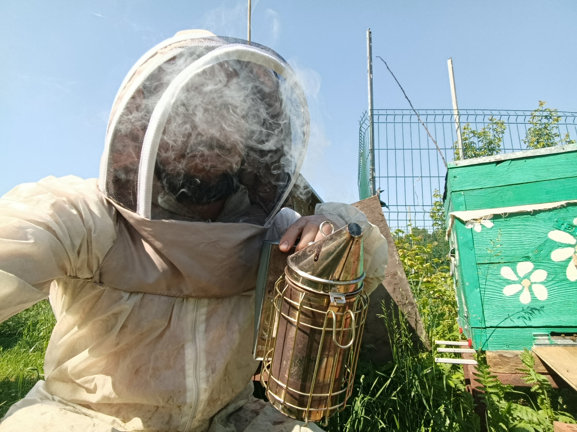A beekeeper, wearing a full protective suit and veil, is holding a bee smoker. Smoke is visible emanating from the veil. The beekeeper is standing outdoors in a grassy area, with a green beehive decorated with white flowers to their right. A wire fence is visible in the background. The image appears to be taken in Motyakovo, Russia, indicated by the user's request.