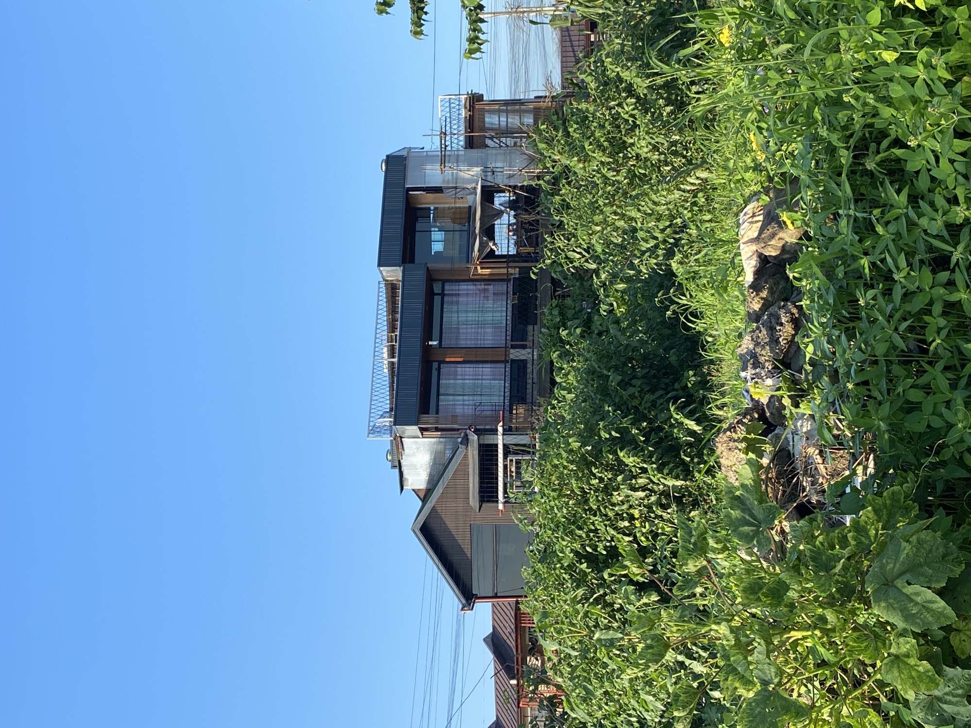 A clear, sunny day with a bright blue sky over a two-story house with a modern, eclectic design. The house appears to be constructed with a mix of materials, including corrugated metal, wood, and glass. The front of the house features large windows and a balcony, with some scaffolding visible on the right side. The house is partially obscured by lush green foliage in the foreground, suggesting it is located in an area with abundant plant life, potentially a rural or semi-rural setting within Davao City, Philippines. The surrounding environment includes other structures and power lines, indicating it is not completely isolated. There are no visible people in the image. The overall scene depicts a residential property with a unique architectural style in a natural, verdant setting.