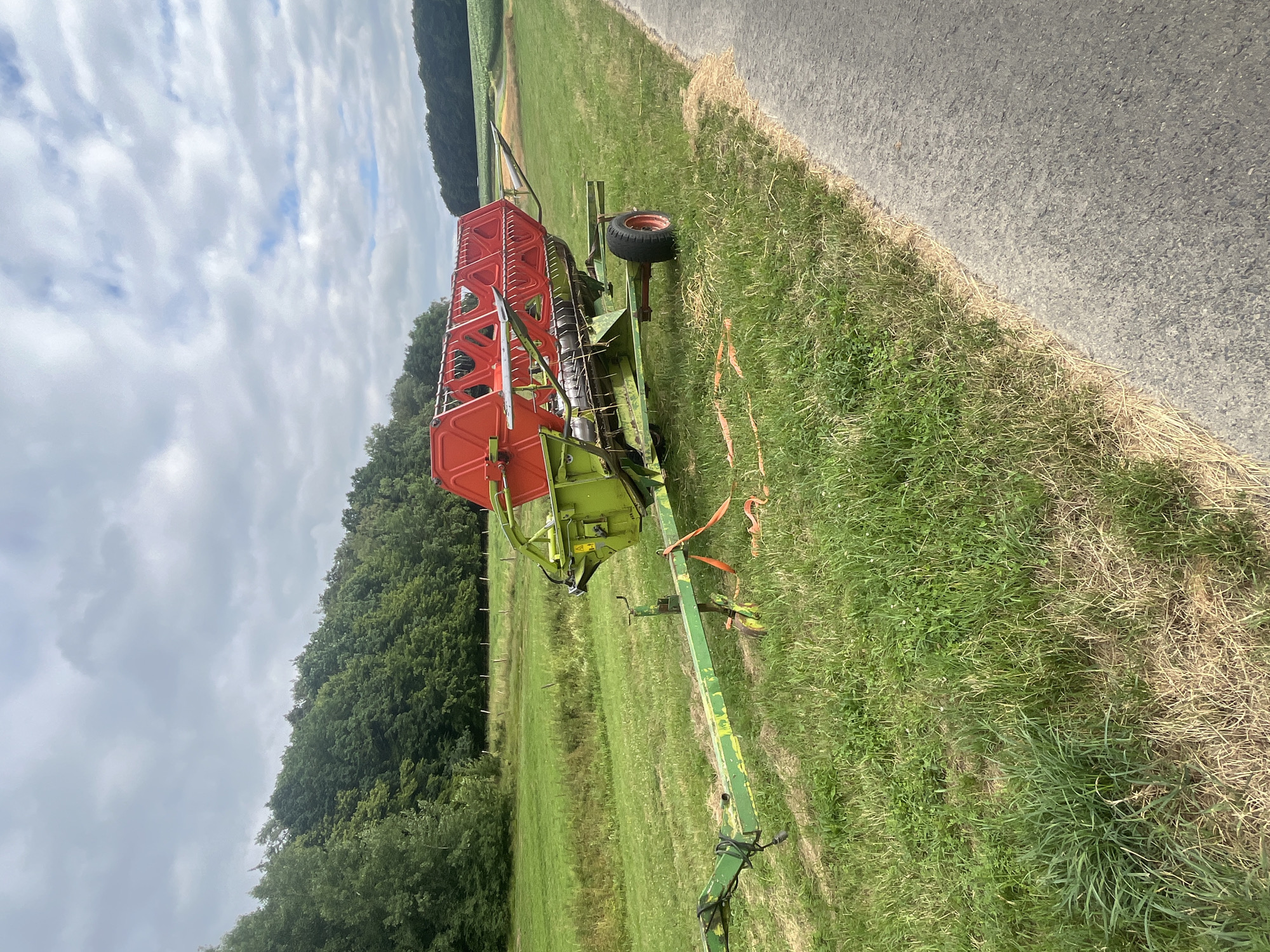The image shows a combine harvester header, bright red and green, resting on a trailer in a grassy field. The trailer is a light green, worn color and has two wheels. The combine header is quite large and extends horizontally across the trailer. It has a series of triangular, red metal guards along the top and a cutting mechanism visible below. Straps, one orange and one black, are attached to the trailer, one appearing to secure the header. The trailer is positioned in a field with lush green grass and some dried, yellowed grass near the edge. In the background, a line of trees forms a dark green boundary against a cloudy sky. To the right of the field, a grey paved road is visible, bordering the grassy area. The scene is likely in Wiera, Germany, given the context provided, suggesting it might be a rural agricultural setting. There are no people visible in the image.
