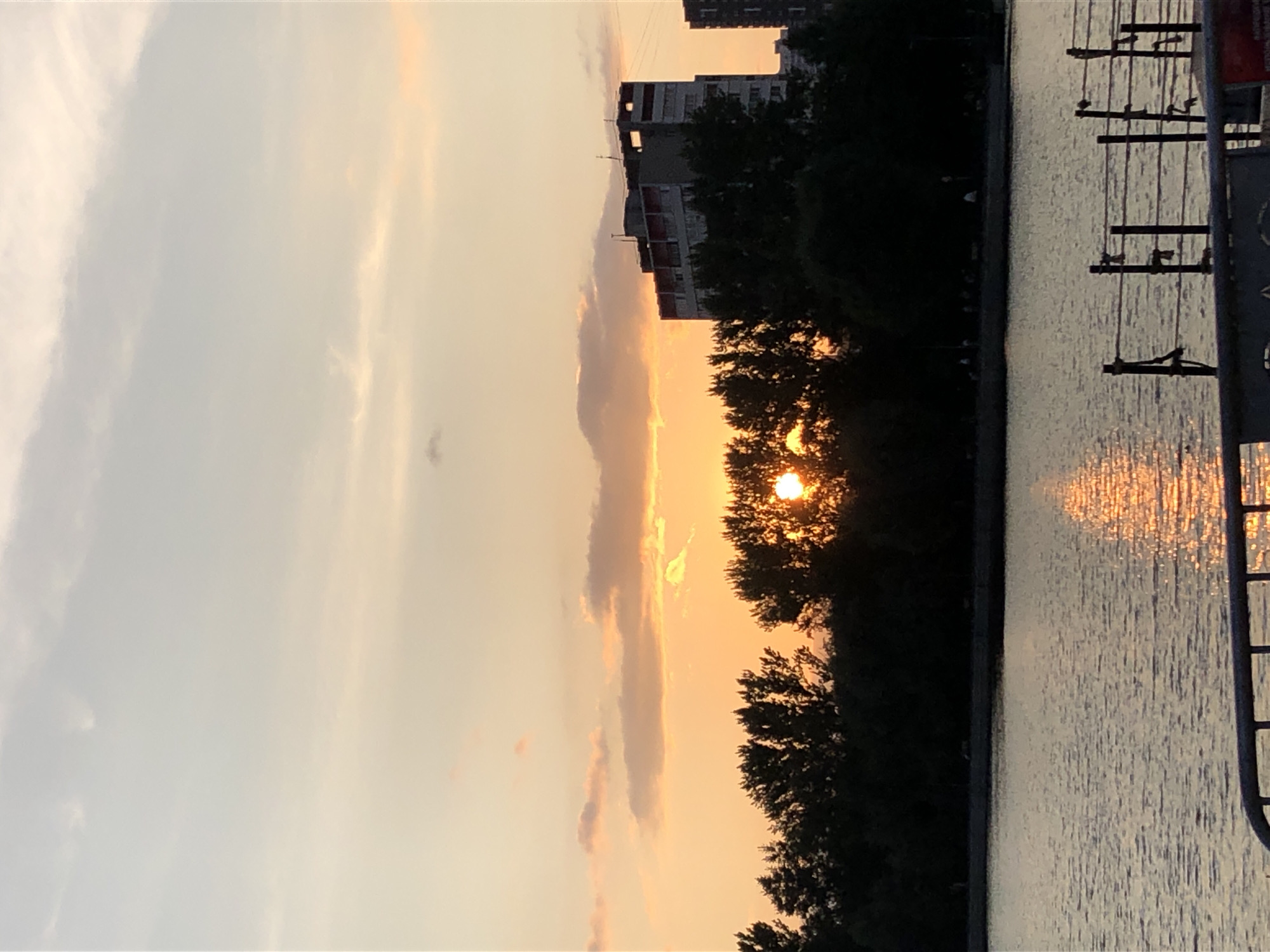 The image depicts a sunset over a body of water, likely a reservoir or river, in Khimki, Russia. A silhouetted line of trees runs along the far bank, partially obscuring a concrete building with visible balconies and rooftop structures, characteristic of Soviet-era architecture. The sun, a bright orange orb, is setting behind the trees, casting a warm glow on the sky and reflecting on the rippling water in the foreground. A metal railing with vertical posts and horizontal cables is visible in the lower part of the frame, suggesting a promenade or embankment. The overall atmosphere is serene and tranquil, with the soft hues of the sunset dominating the scene.