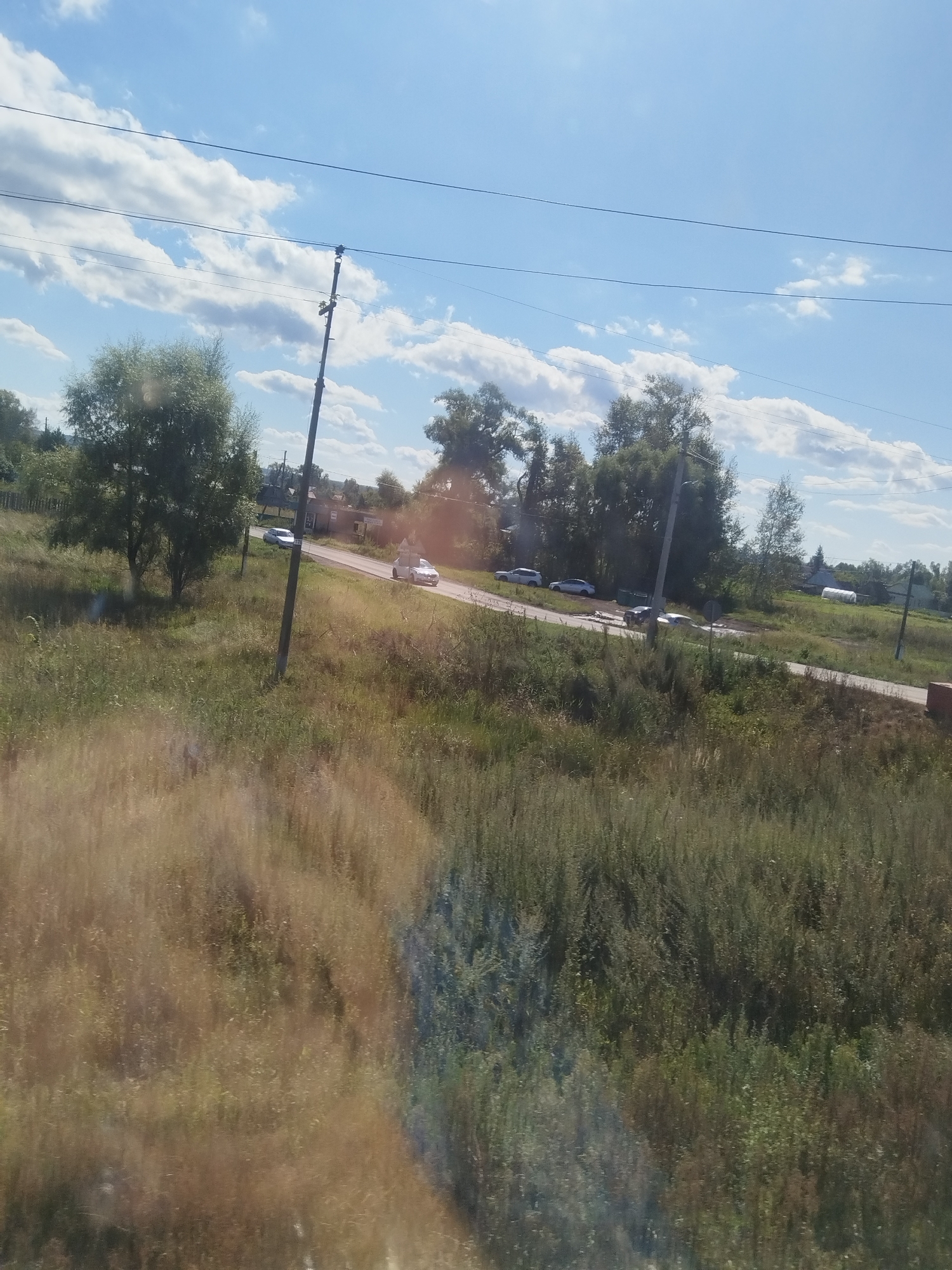 The image depicts a rural scene on a sunny day. In the foreground, a blurred field of tall, dry grass dominates the lower half of the frame. Behind this, a road curves through a grassy area with scattered trees. Several cars are visible on and near the road. To the left, a large tree stands prominently. A utility pole with wires stretches across the upper portion of the image, against a blue sky with scattered white clouds. Buildings and more trees are visible in the distance. The overall impression is of a quiet, summer day in a village or countryside. The location is identified as Chishmy, Russia.