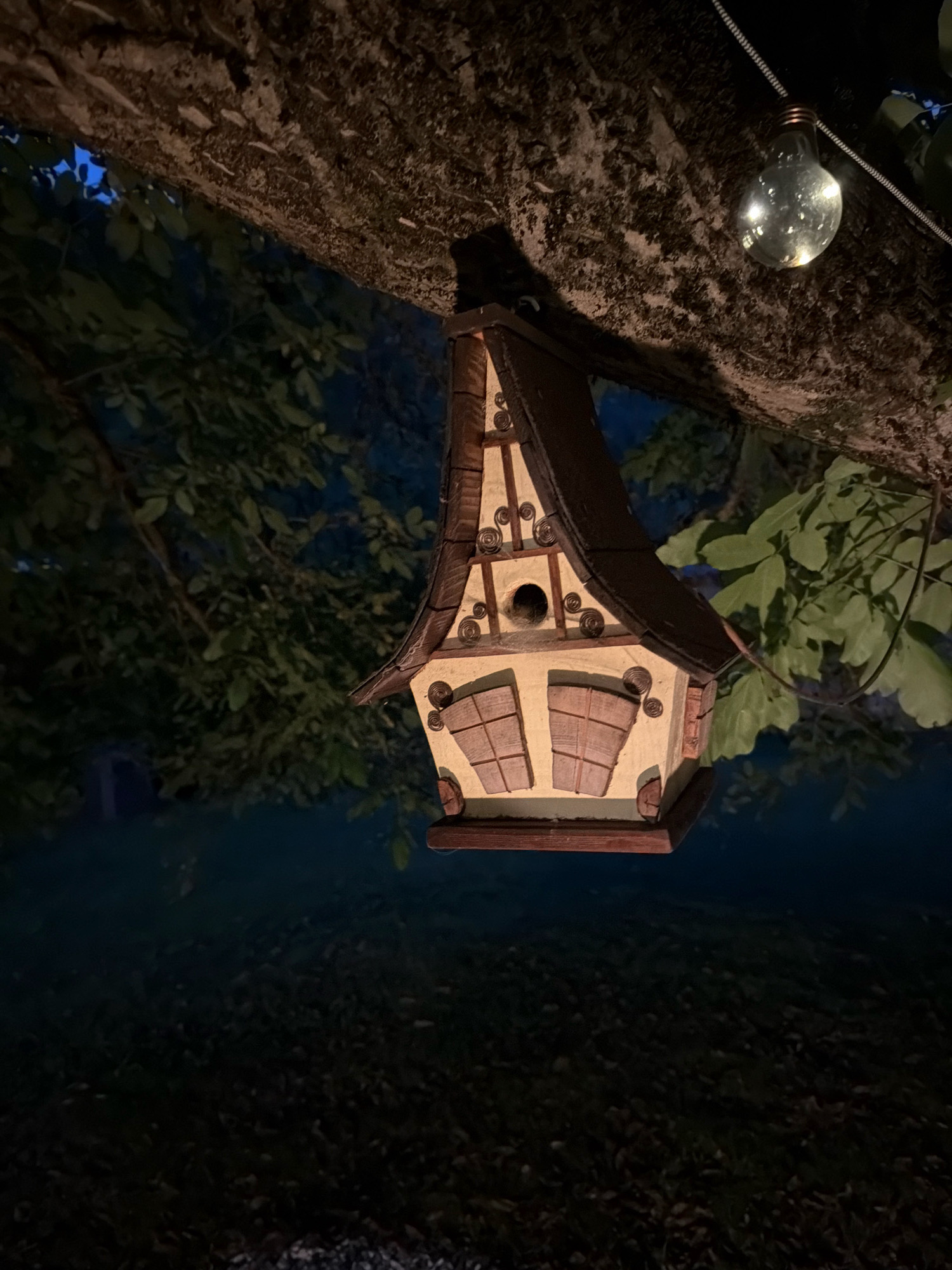 A whimsical birdhouse, painted light tan with dark brown trim and roof, hangs from a thick tree branch in Gozd Martuljek, Slovenia. The birdhouse features two window-like designs with cross-hatching and decorative spiral accents. A circular opening, likely for bird entry, is visible on the front. The tree branch above has rough, textured bark. A single, clear Edison-style light bulb with internal LED lights hangs to the right of the birdhouse, illuminating the scene with a warm glow. The background consists of dark green foliage and a dark ground covered with fallen leaves. The overall impression is of a charming, outdoor decoration at dusk or night.