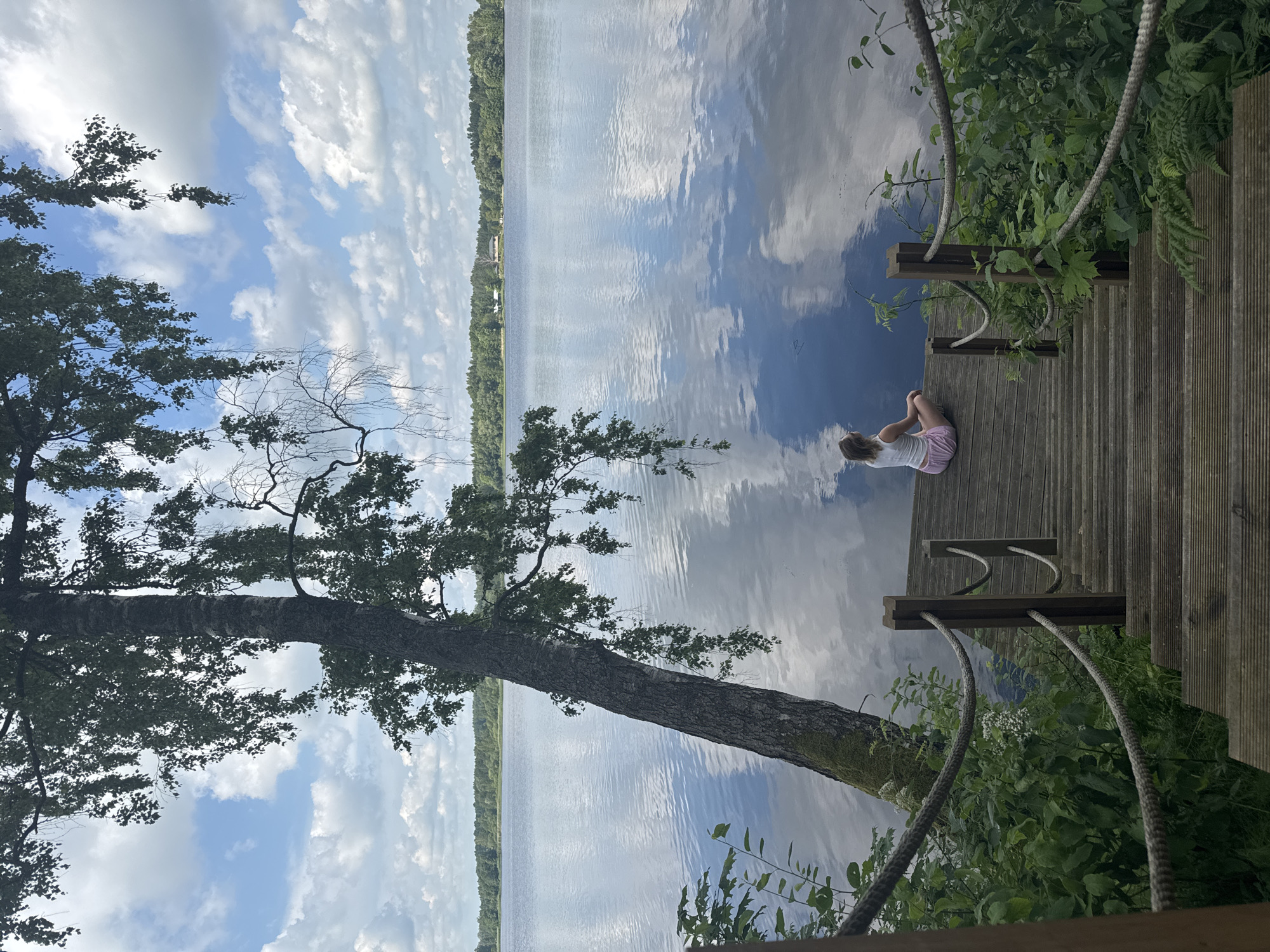 The image depicts a serene waterside scene with a young person sitting on a wooden dock. The person is wearing a white tank top and pink shorts, with their legs crossed in a meditative pose, facing the expansive lake. The dock, constructed from weathered wooden planks, descends in a series of steps towards the water. Rope railings with wooden posts guide the way down the steps. Lush green vegetation, including ferns and other foliage, borders the dock, with a large, leaning tree with dappled leaves providing a natural canopy. The lake itself is calm and reflects the cloudy sky, creating a mirror-like surface. In the distance, a treeline marks the opposite shore, with hints of structures visible amongst the trees, suggesting the presence of a settlement or buildings near Priedesmuiža, Latvia. The sky is a mix of blue with fluffy white clouds, contributing to the tranquil atmosphere.