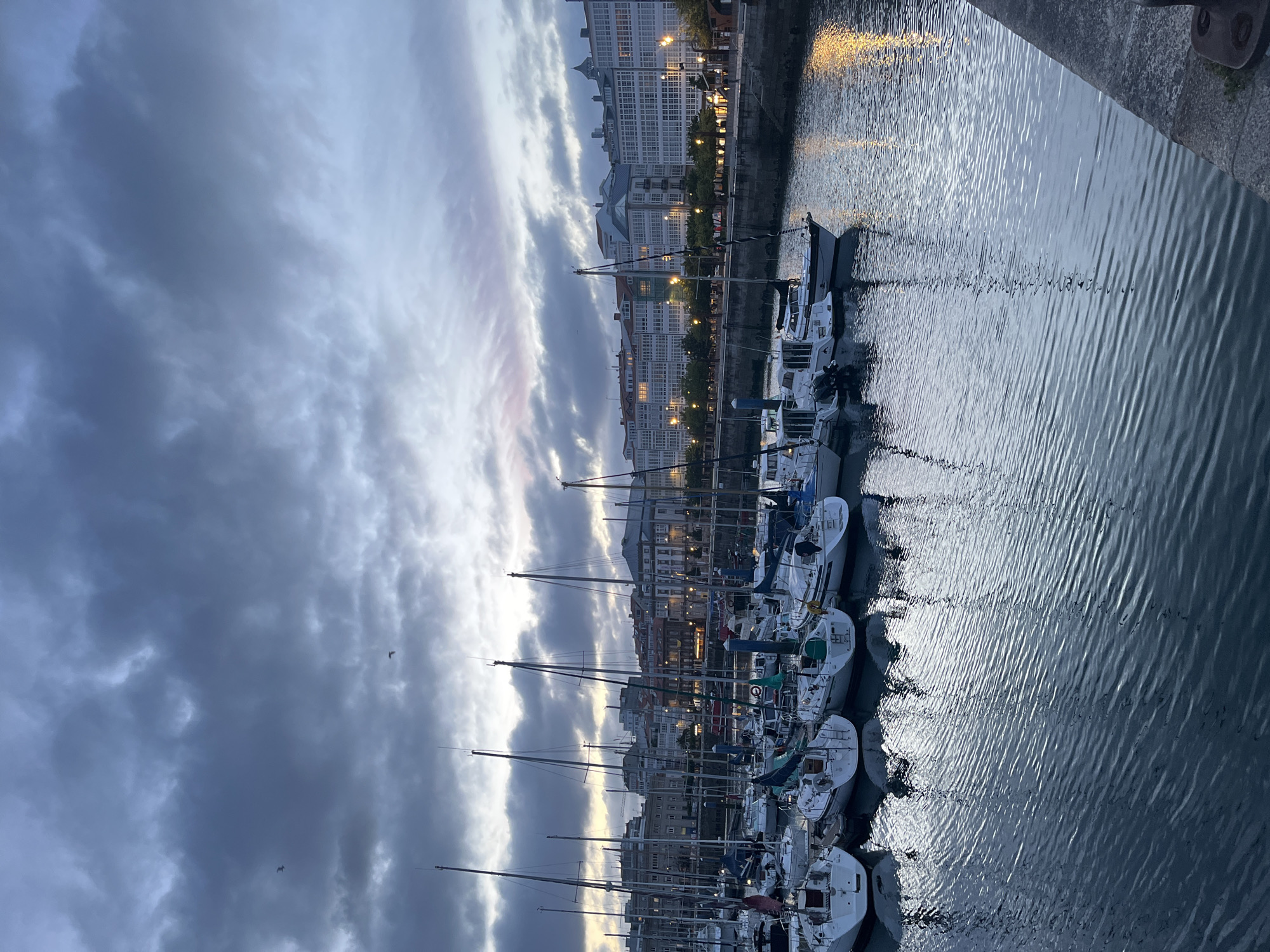 The image shows a marina in A Coruña, Spain, filled with sailboats docked side-by-side along a pier. The boats are primarily white with tall masts extending towards the cloudy sky. The water reflects the light, creating a rippled texture on the surface. Buildings, illuminated with streetlights, line the waterfront in the background. The overall mood is subdued and atmospheric, with the dark clouds contrasting with the lights of the city. Two birds are flying near the mast of the boats.