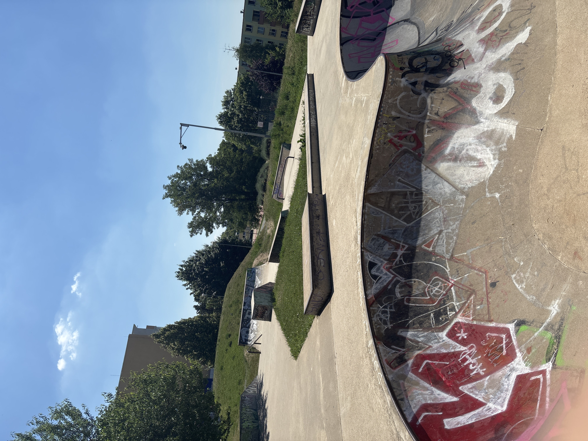 An outdoor concrete skatepark is shown on a sunny day under a clear blue sky with a few scattered clouds. The park features various obstacles including ramps, bowls, and ledges, many of which are covered in graffiti. Green grass covers the hilly areas surrounding the concrete structures. In the background, trees and buildings are visible. A lamppost with a security camera is also present in the scene.