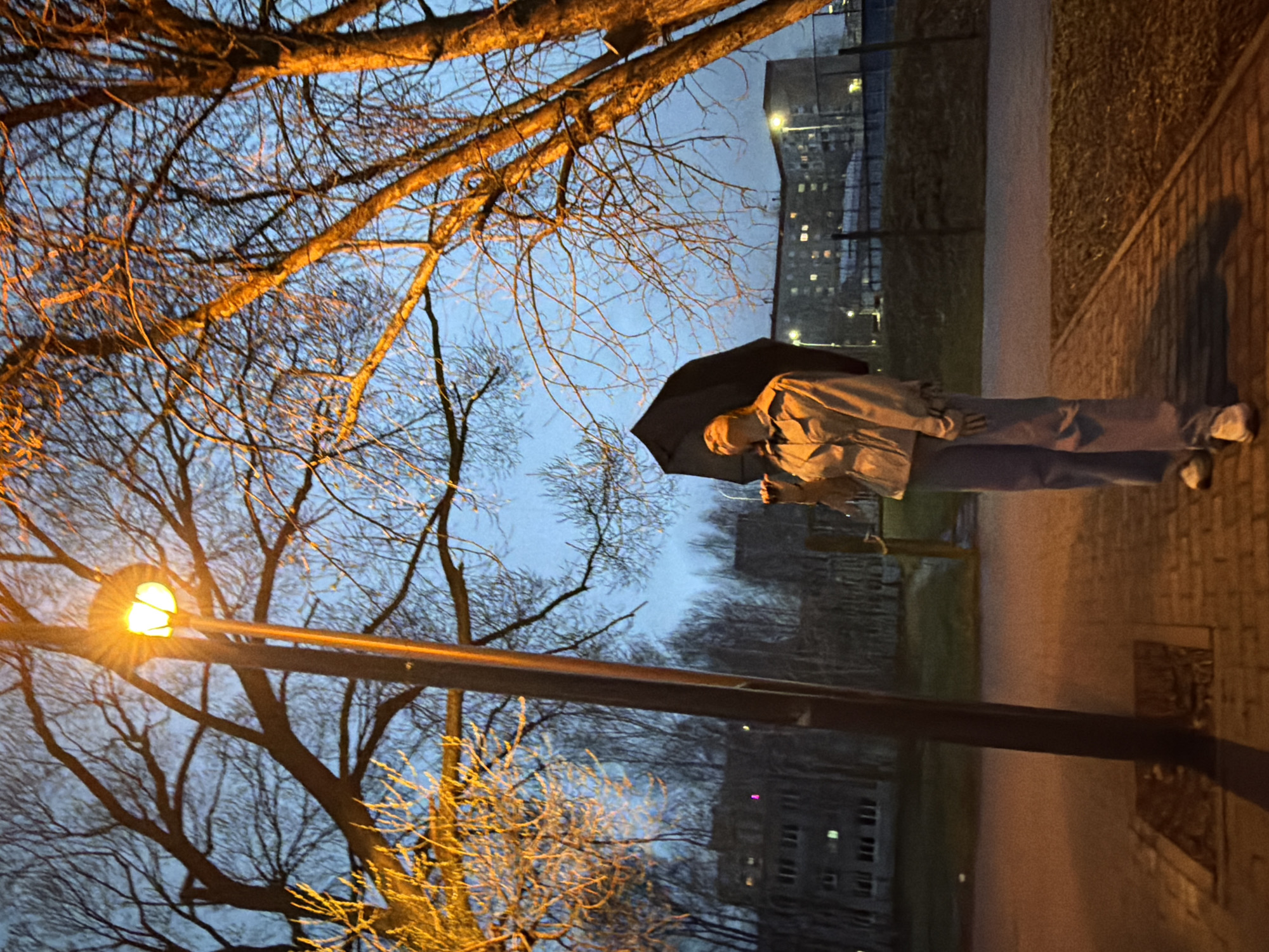 The image shows a person standing on a brick sidewalk in Izhevsk, Russia. The person is holding an open black umbrella. They are wearing a light-colored jacket and jeans. A lamppost with a lit light is visible on the left side of the image. Bare trees are above the lamppost and person. A building can be seen in the background behind the person. A fence separates the sidewalk from a grassy area.